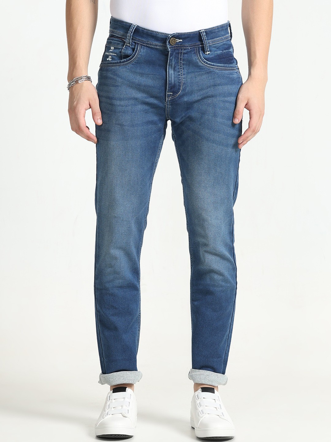 

Jean Cafe Men Jean Slim Fit Whiskers and Chevrons Mid-Rise Cotton Jeans, Blue