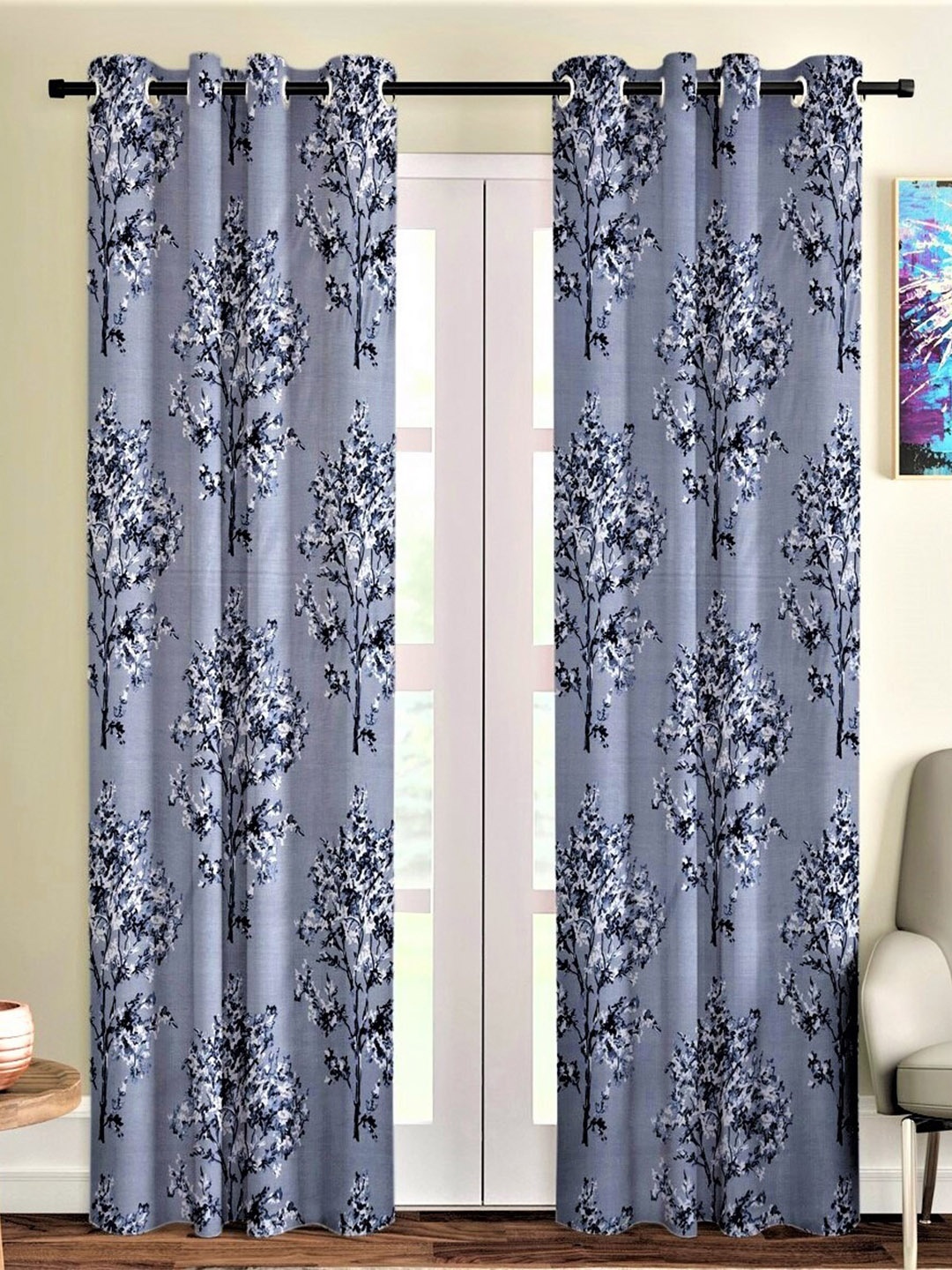 

Fashion String 2 Pcs Grey & White Floral Door Curtain