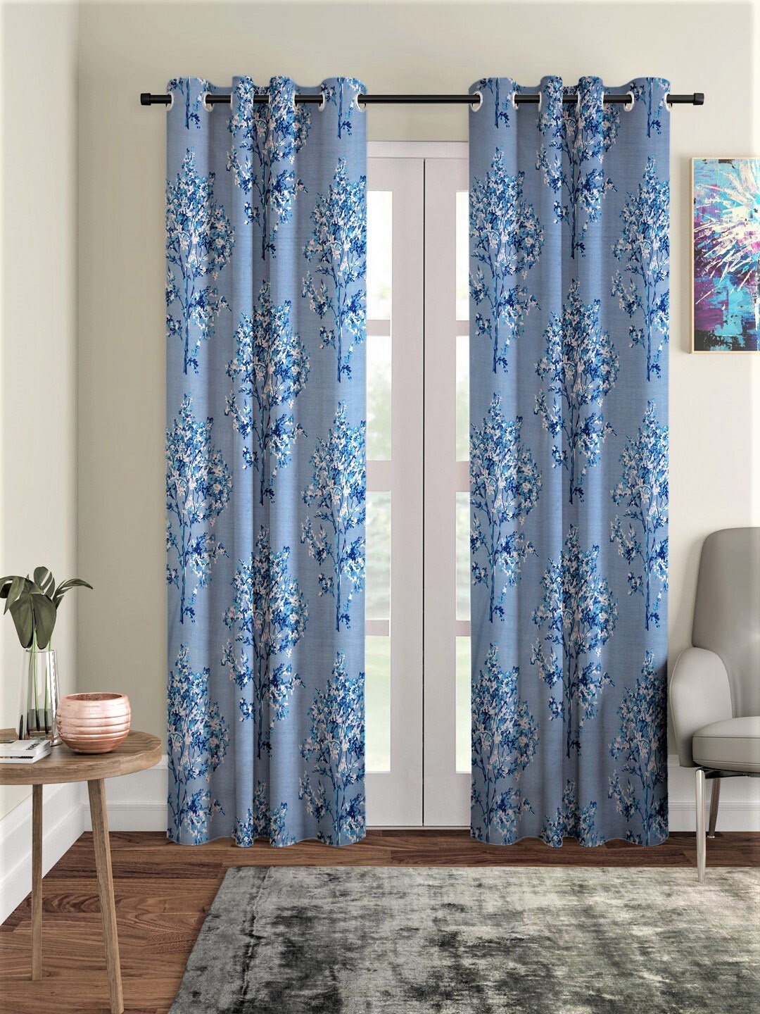 

Fashion String 2 Pcs Blue & White Floral Window Curtain