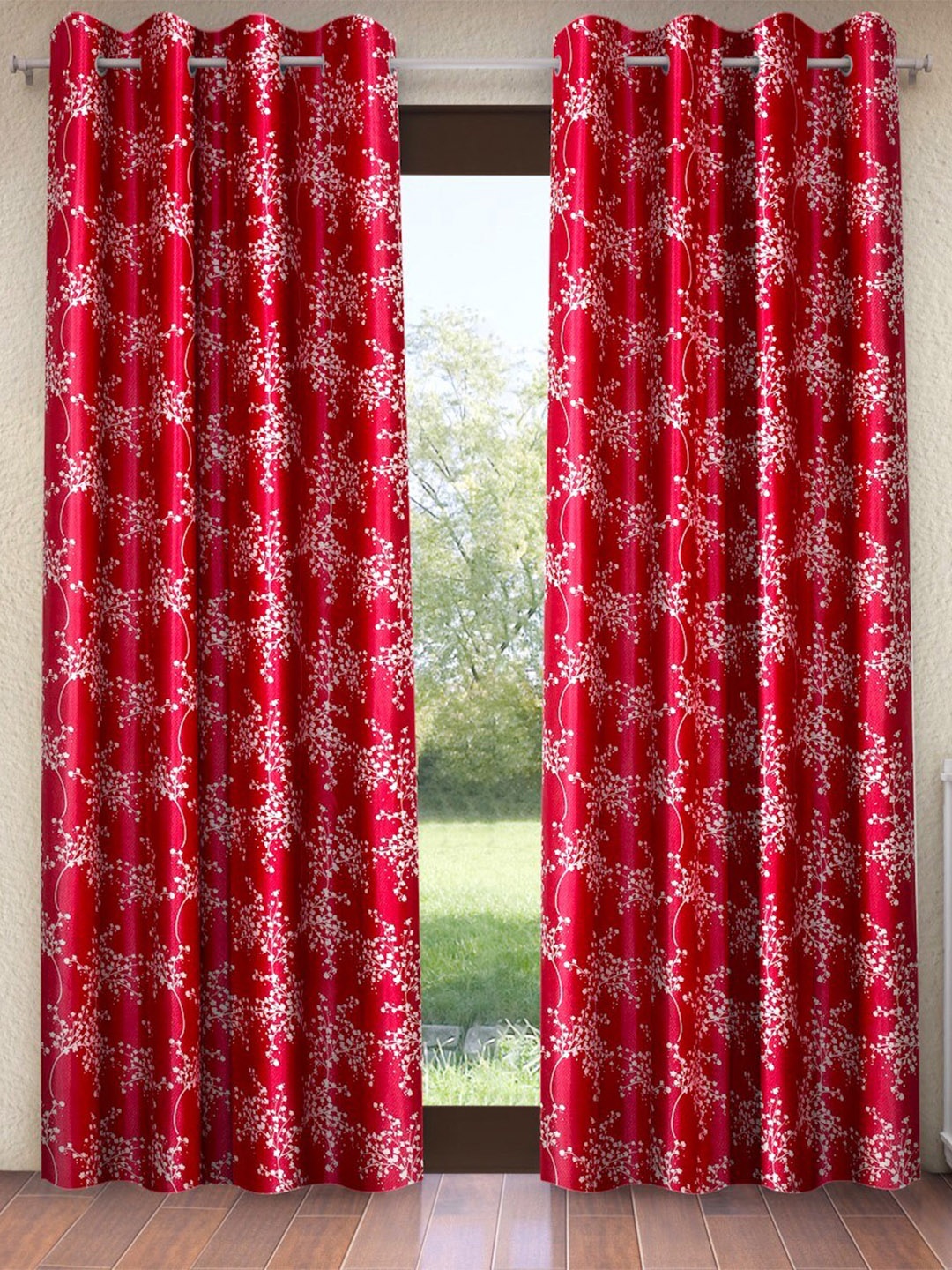 

Fashion String Maroon & White 2 Pieces Floral Printed Window Curtain