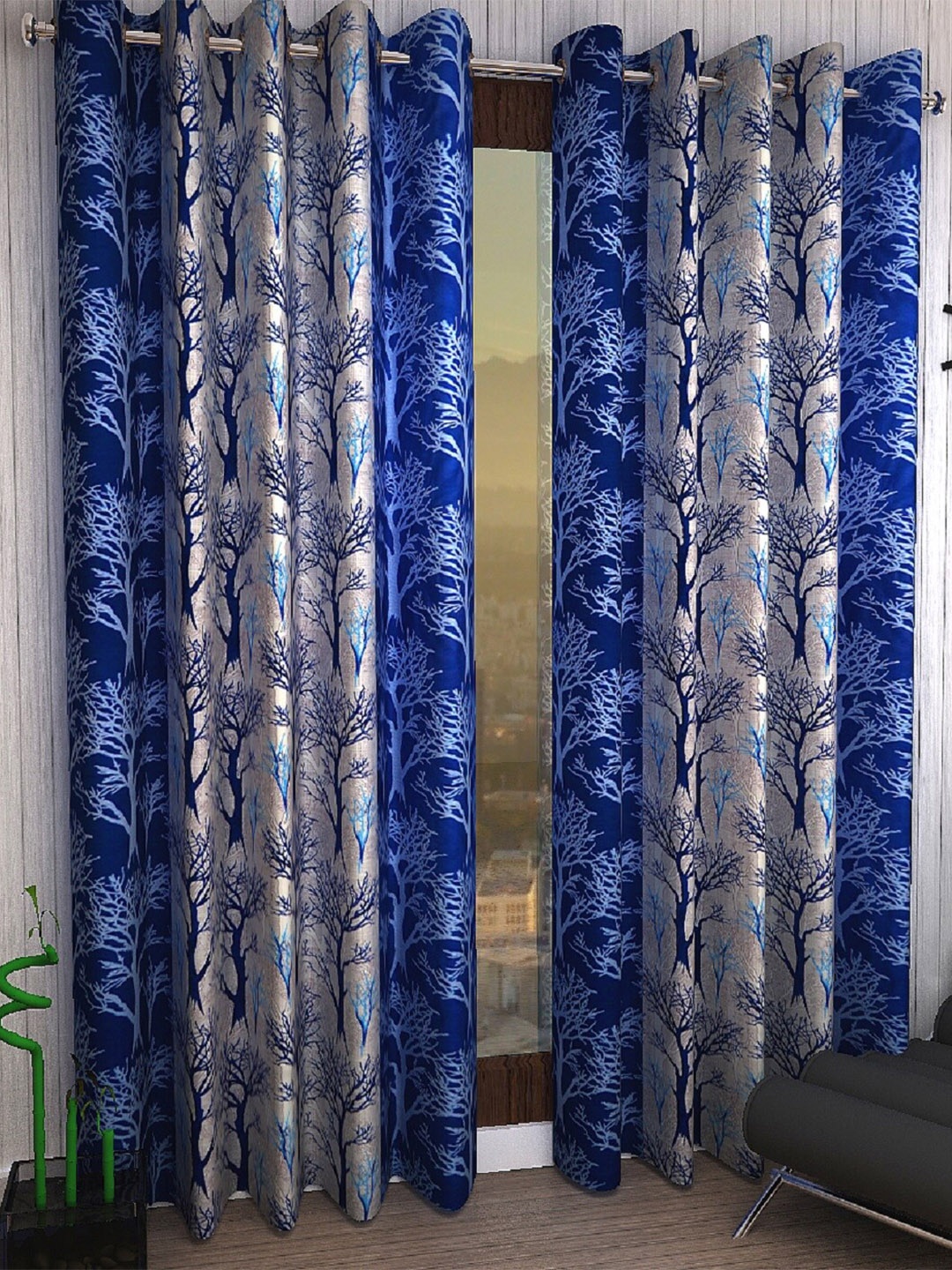 

Fashion String 2 Pcs Blue & Grey Floral Window Curtains