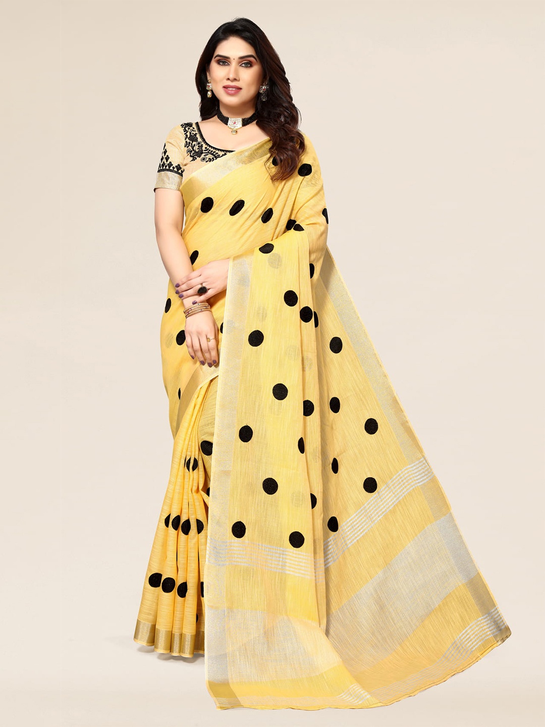 

ALAGINI Polka Dot Embroidered Zari Pure Linen Banarasi Saree, Yellow