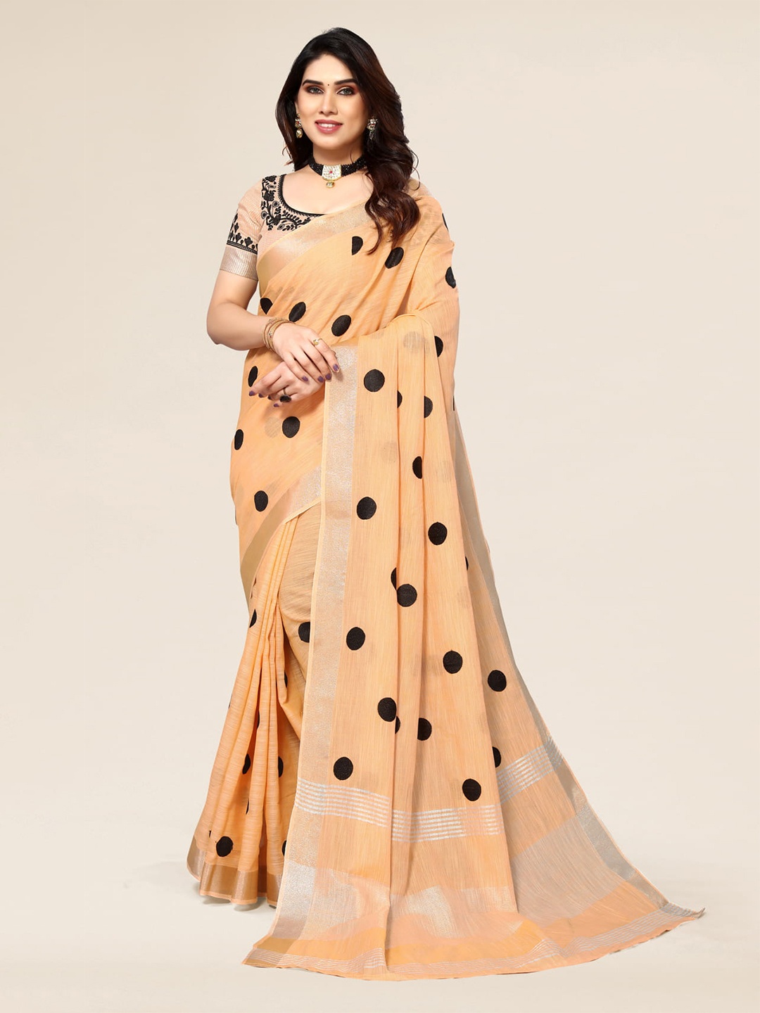 

ALAGINI Polka Dot Embroidered Zari Pure Linen Banarasi Saree, Orange
