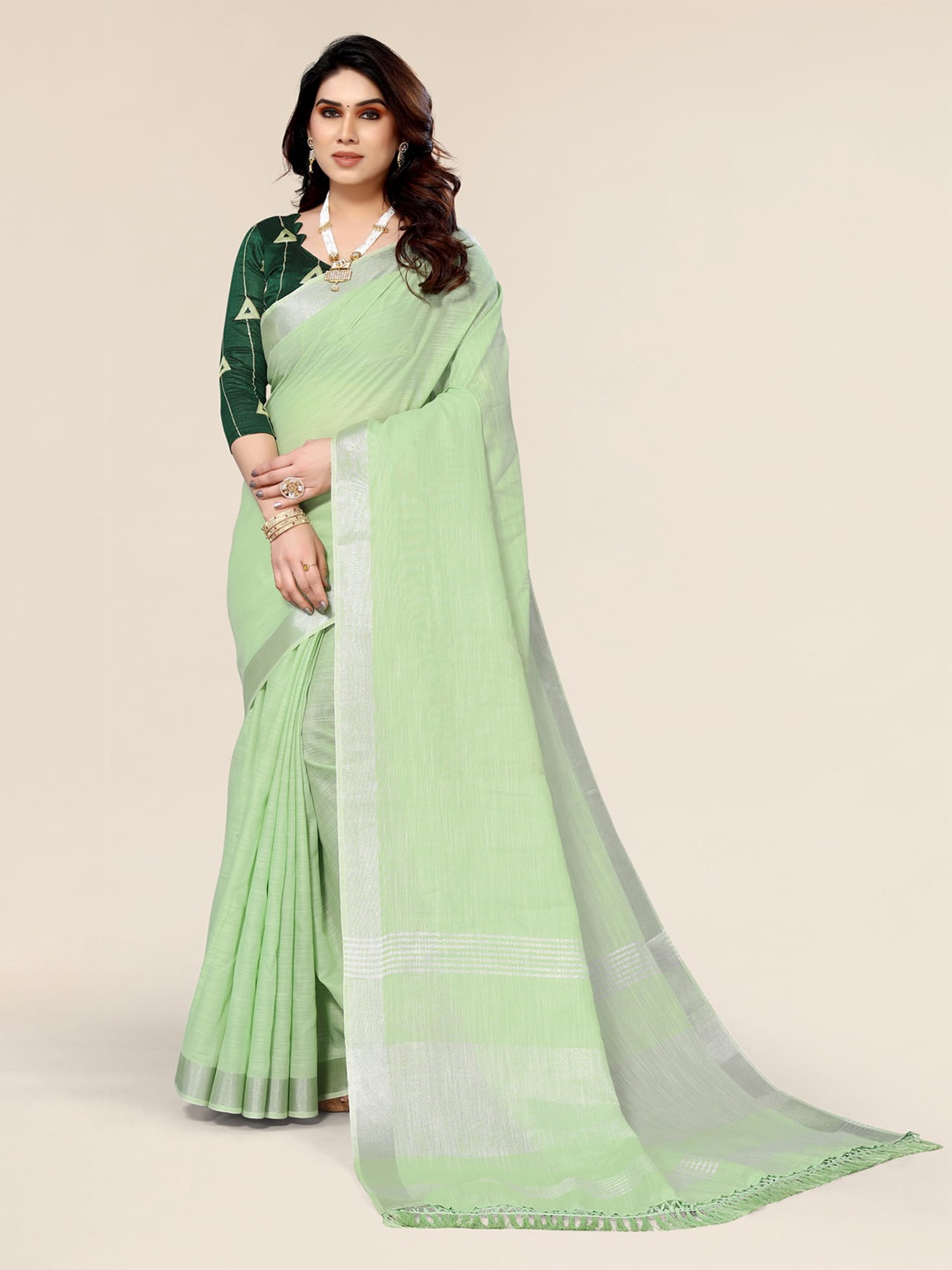 

ALAGINI Zari Pure Linen Chanderi Saree, Green