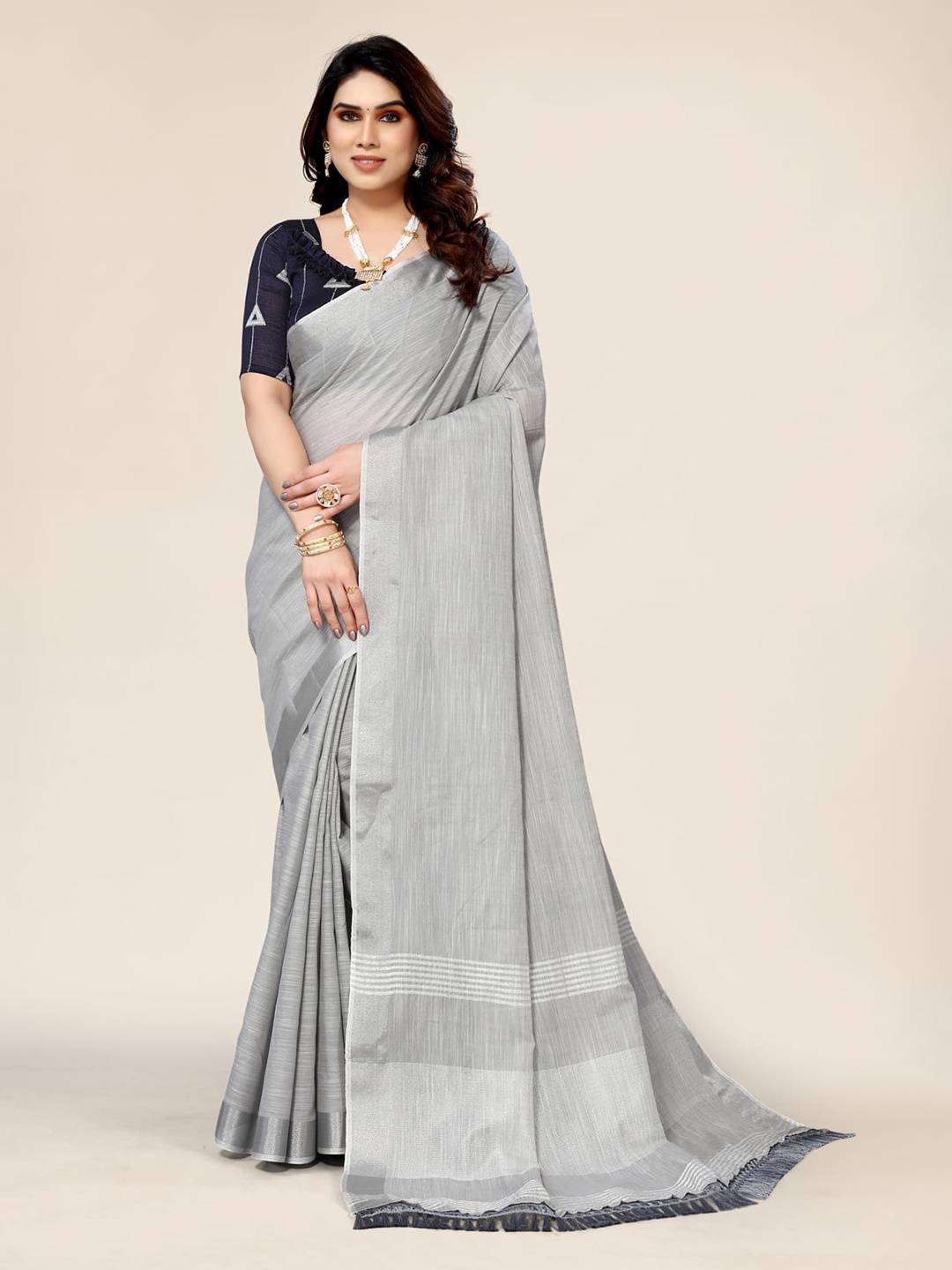 

ALAGINI Zari Detail Pure Linen Saree, Grey