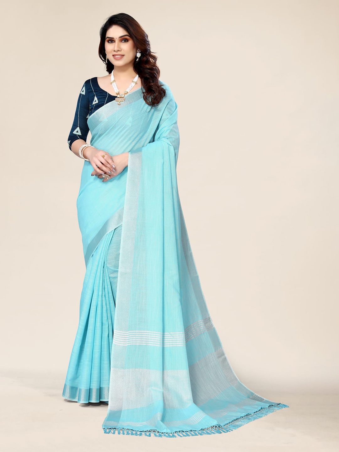 

ALAGINI Zari Pure Linen Saree, Blue