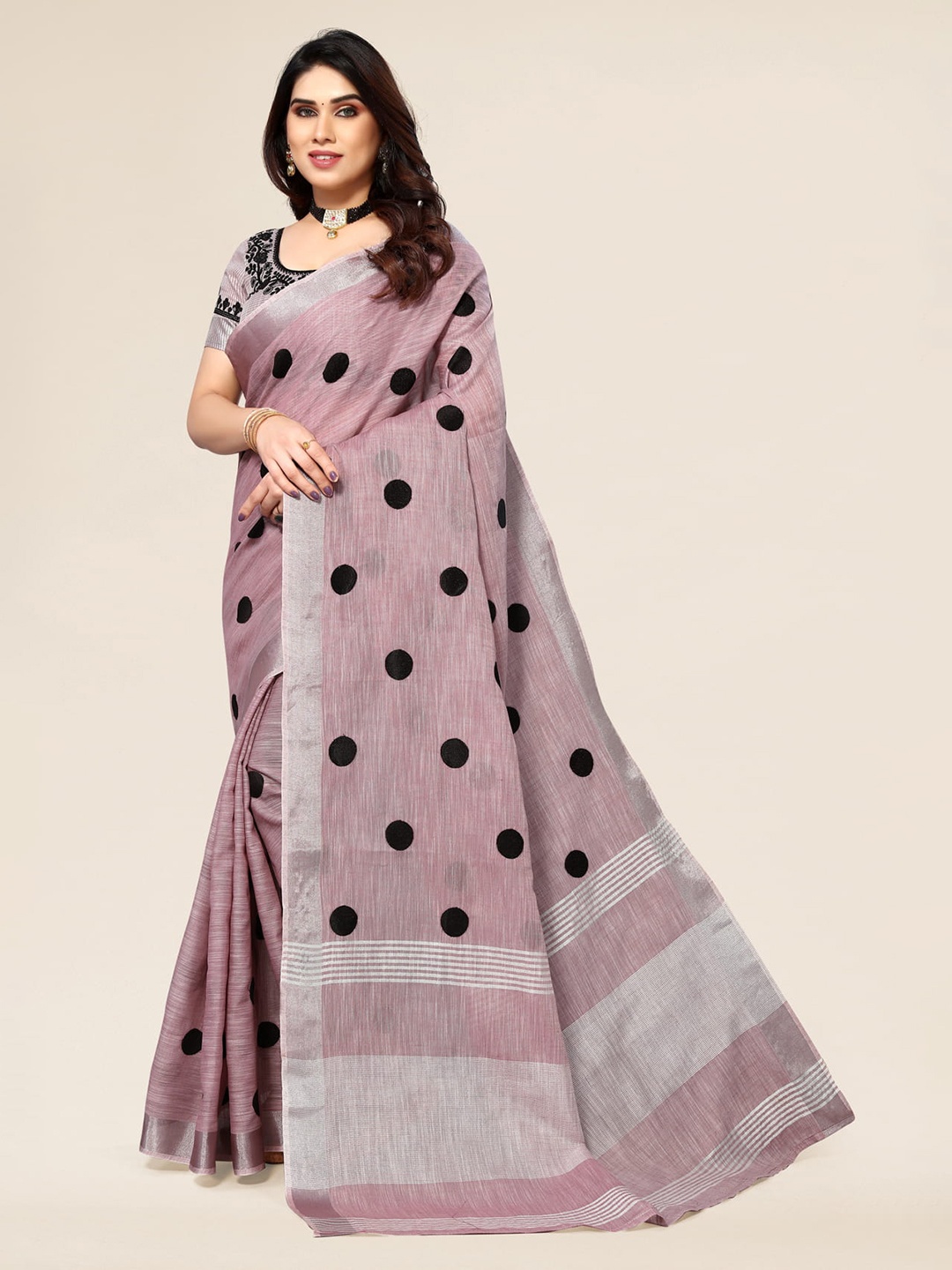 

ALAGINI Polka Dot Embroidered Zari Pure Linen Saree, Pink