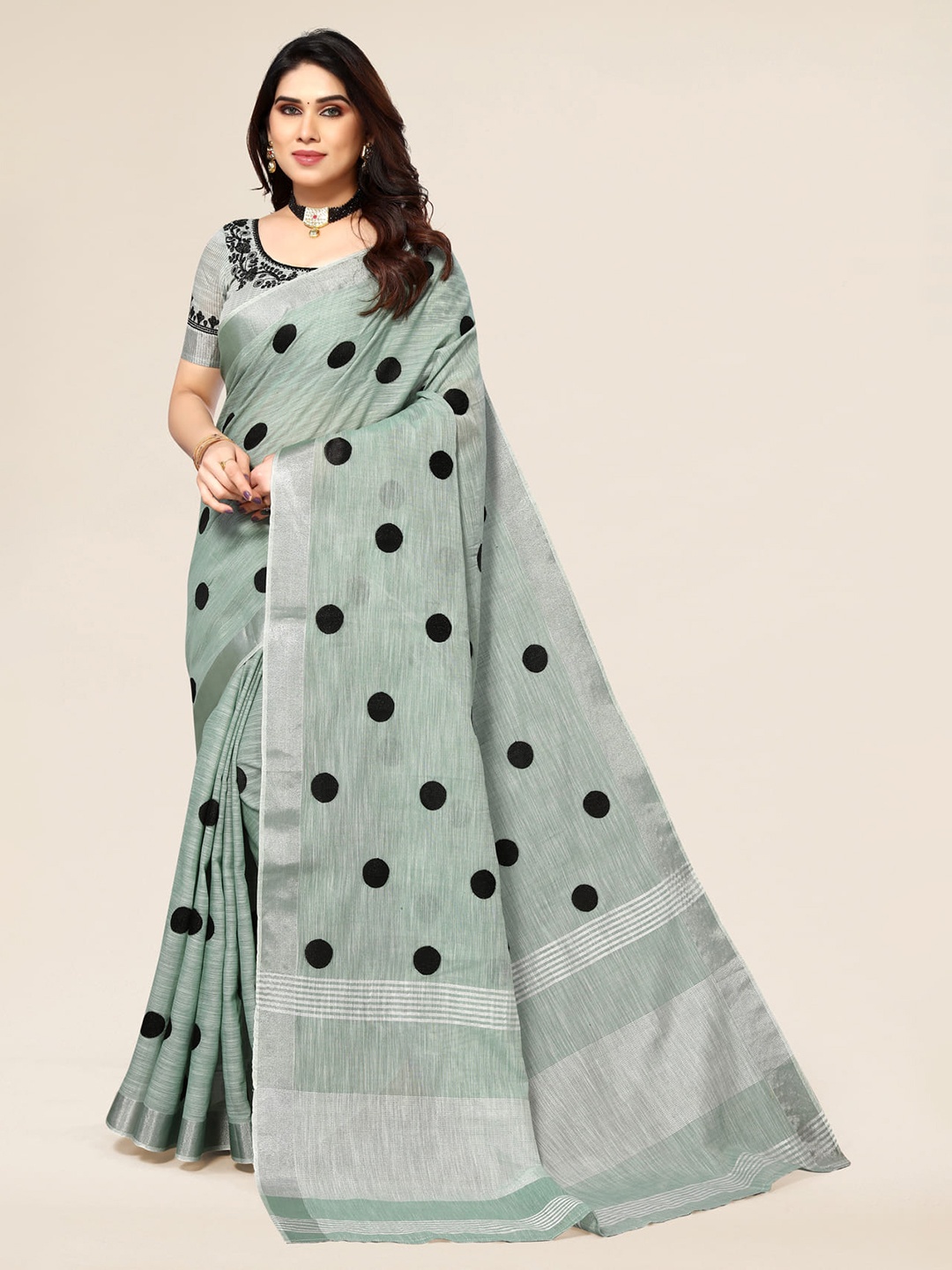 

ALAGINI Polka Dot Printed Zari Pure Linen Saree, Green