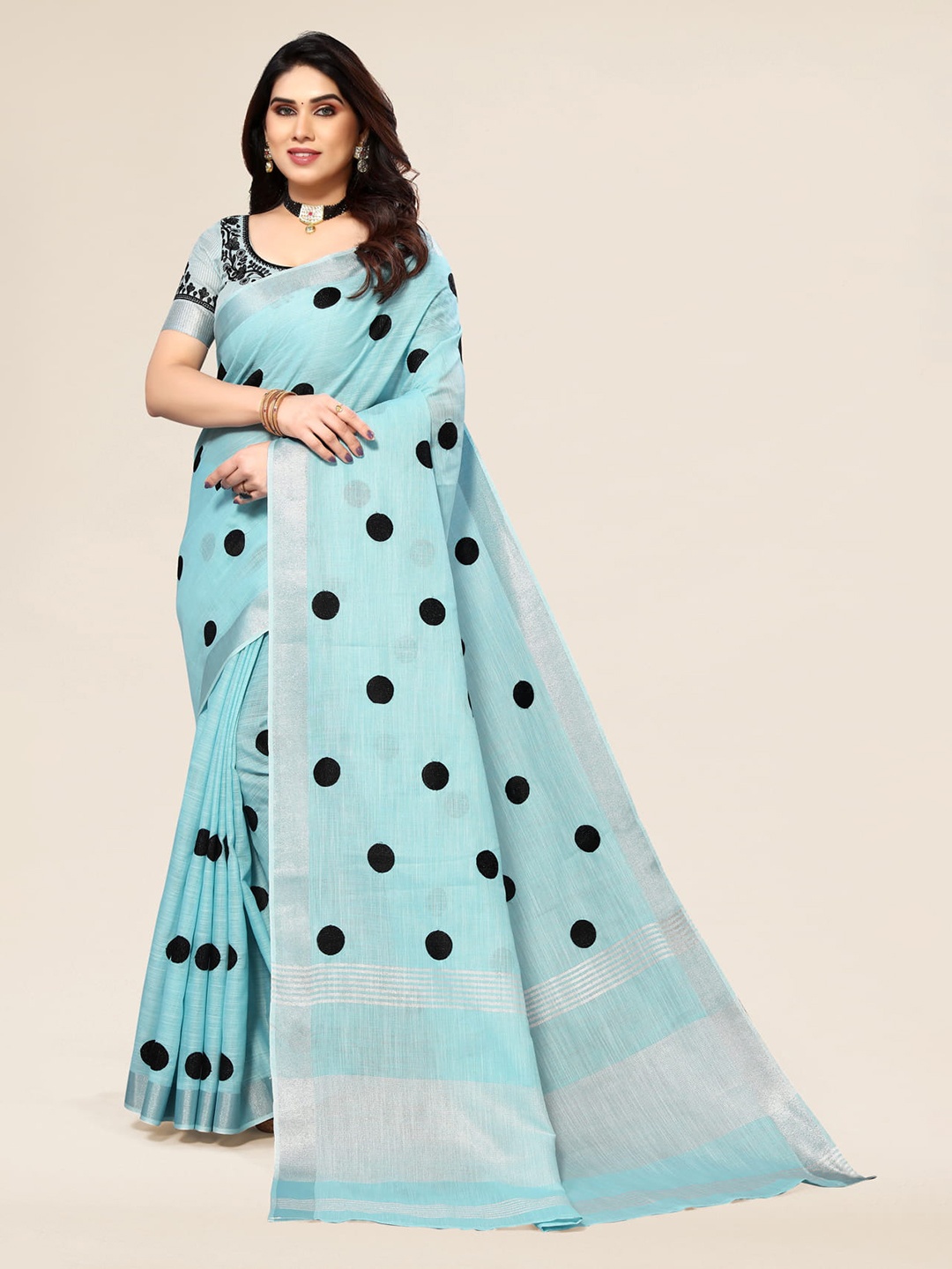 

ALAGINI Polka Dot Embroidered Zari Pure Linen Banarasi Saree, Blue