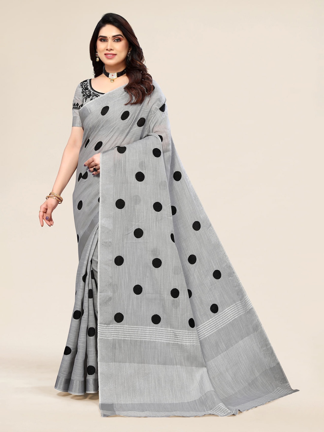 

ALAGINI Polka Dot Embroidered Zari Pure Linen Banarasi Saree, Grey
