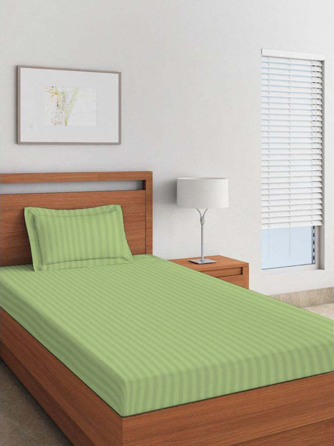 

LINENWALAS Happy Sleeping Green 2-Pieces Striped Pure Cotton Pillow Covers