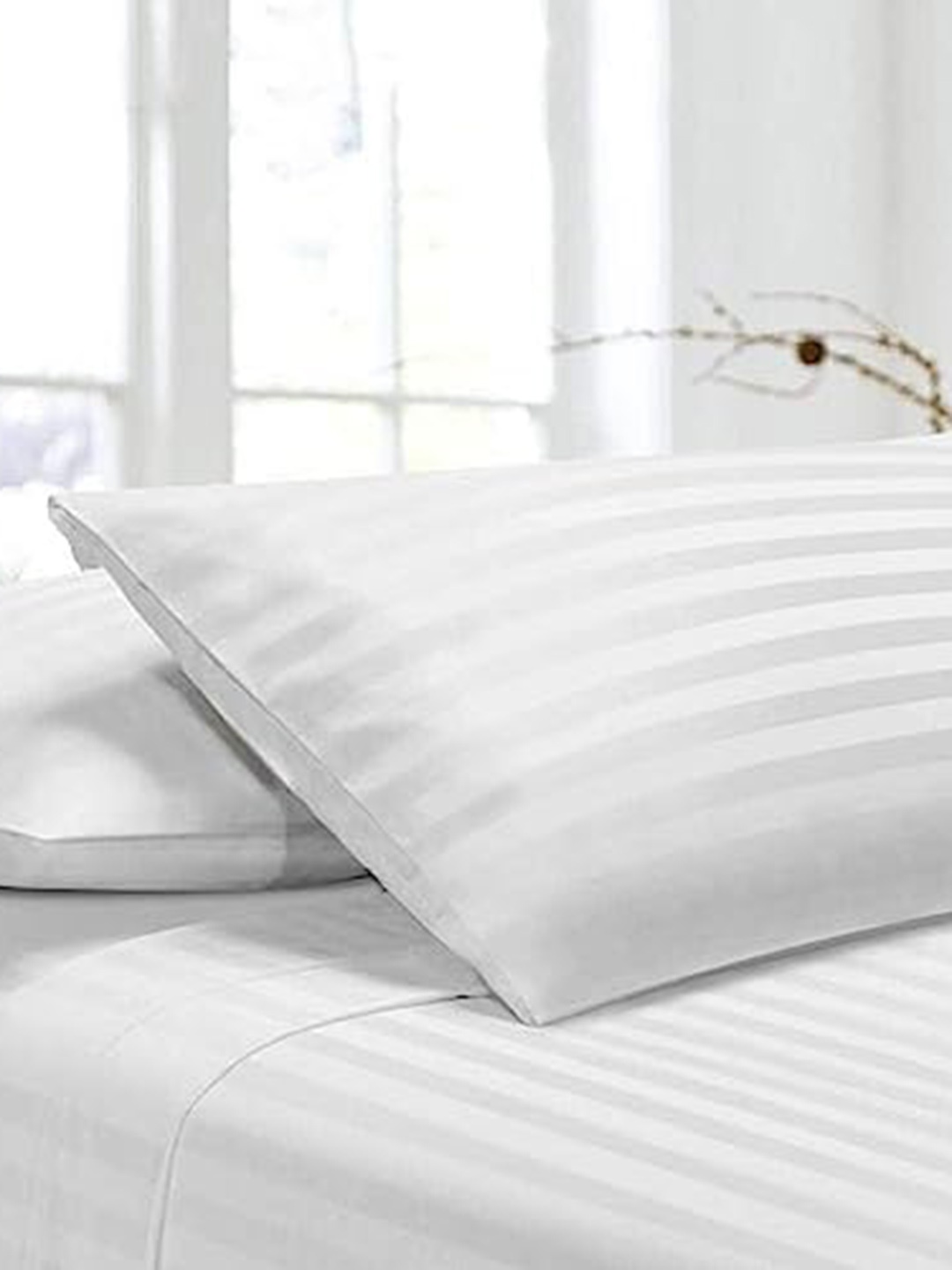 

LINENWALAS Happy Sleeping 2-Pcs Off White Striped 210 TC Cotton Pillow Covers