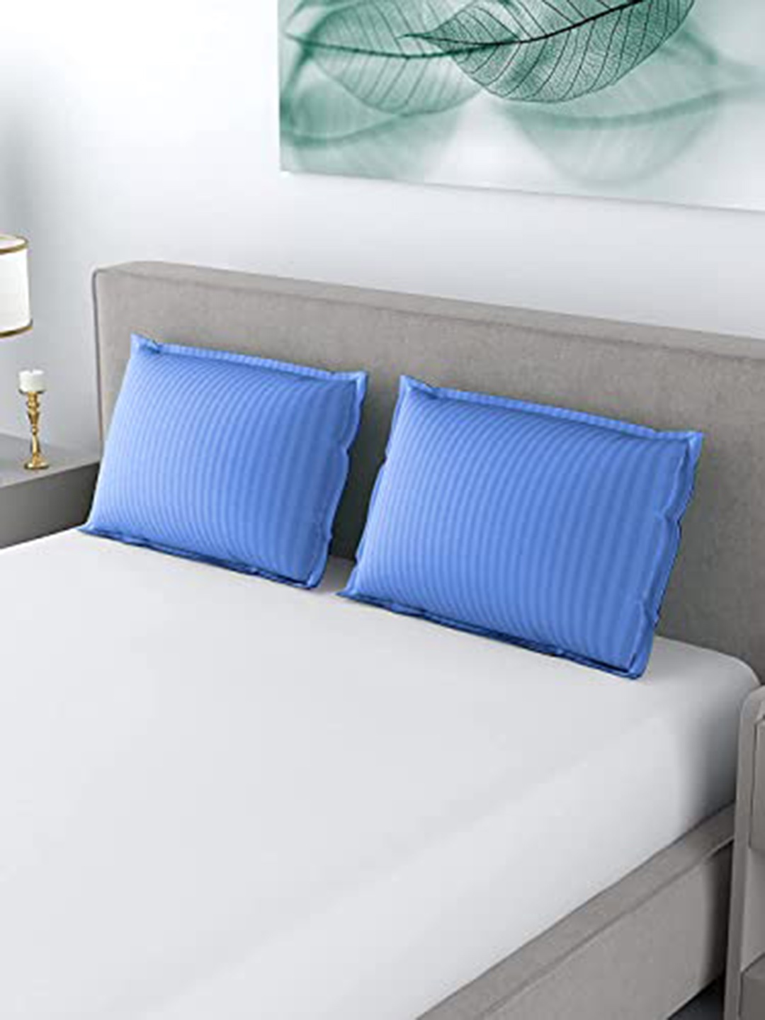 

LINENWALAS Happy Sleeping Blue 2 Pieces Striped Pure Cotton Pillow Covers