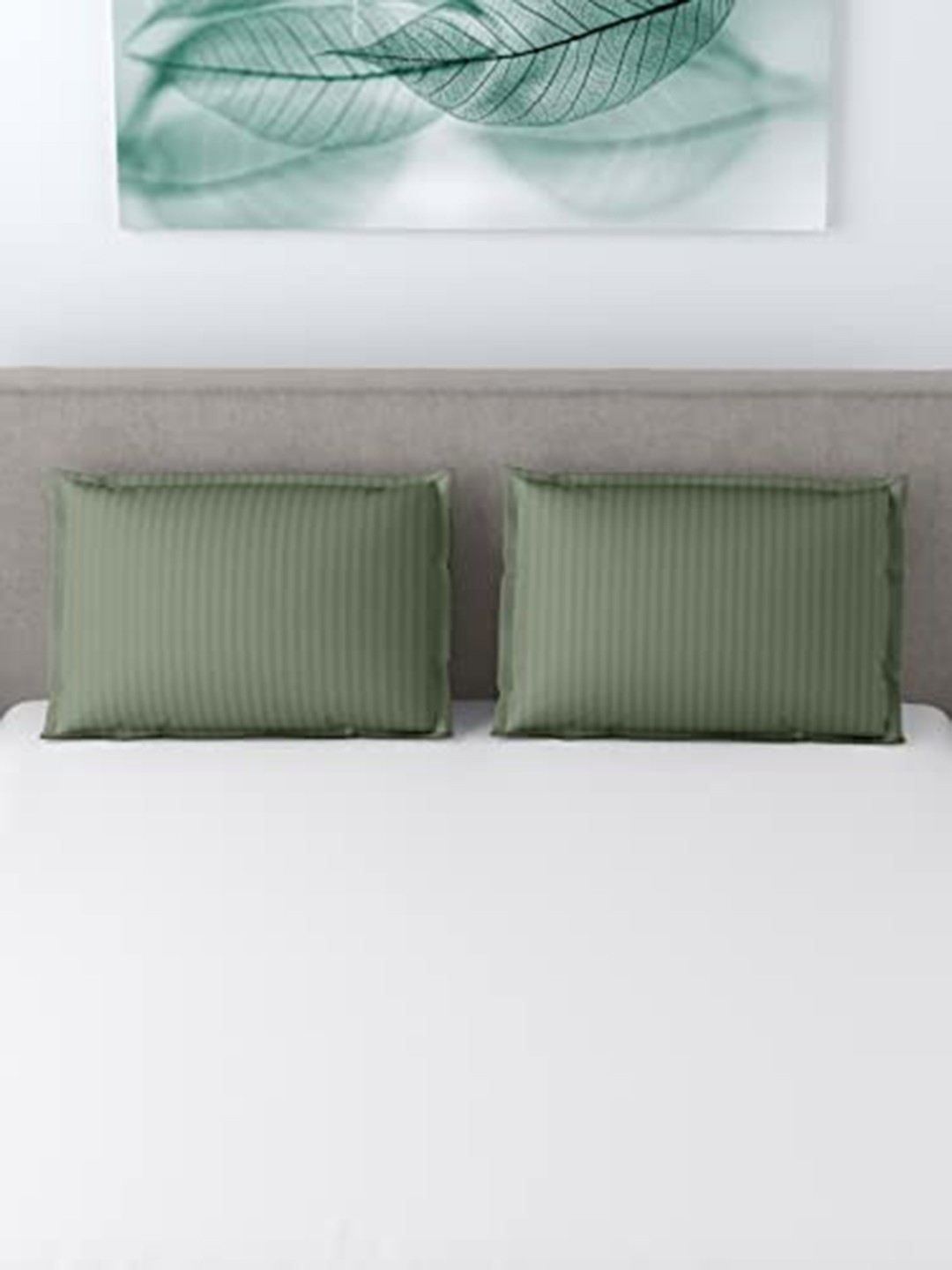 

LINENWALAS Happy Sleeping Green 2 Pieces Striped Pure Cotton Pillow Covers