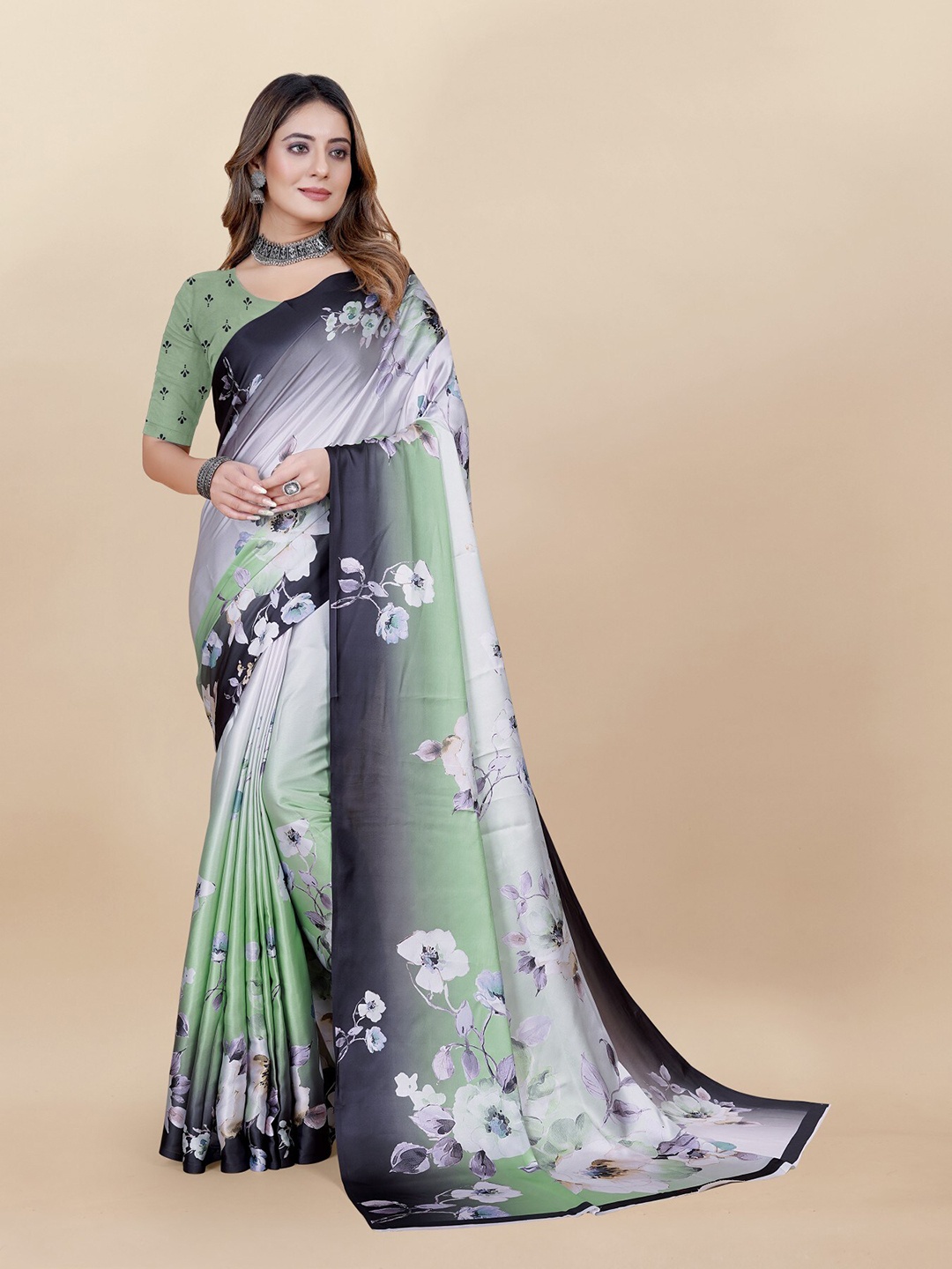 

Anouk Green Floral Printed Satin Saree