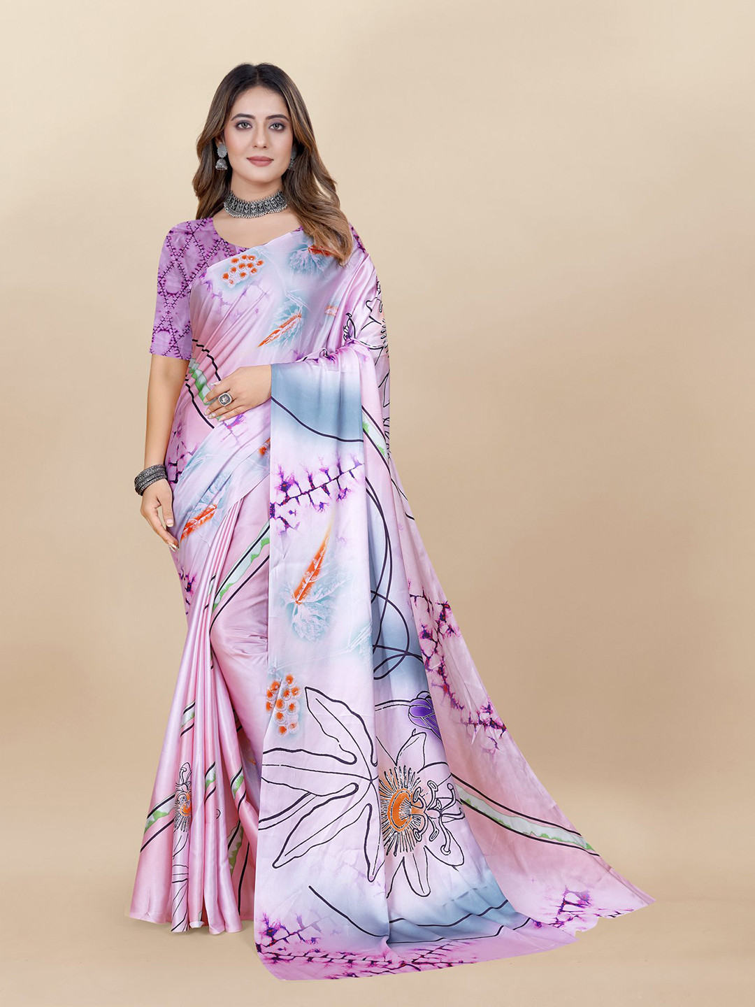 

Anouk Pink & Blue Floral Printed Satin Saree