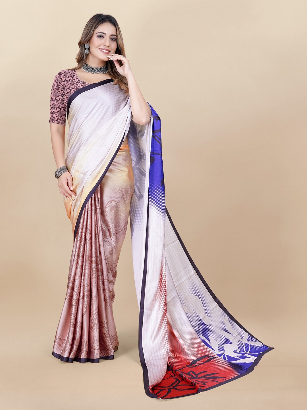 

Anouk Pink & Blue Paisley Printed Satin Saree