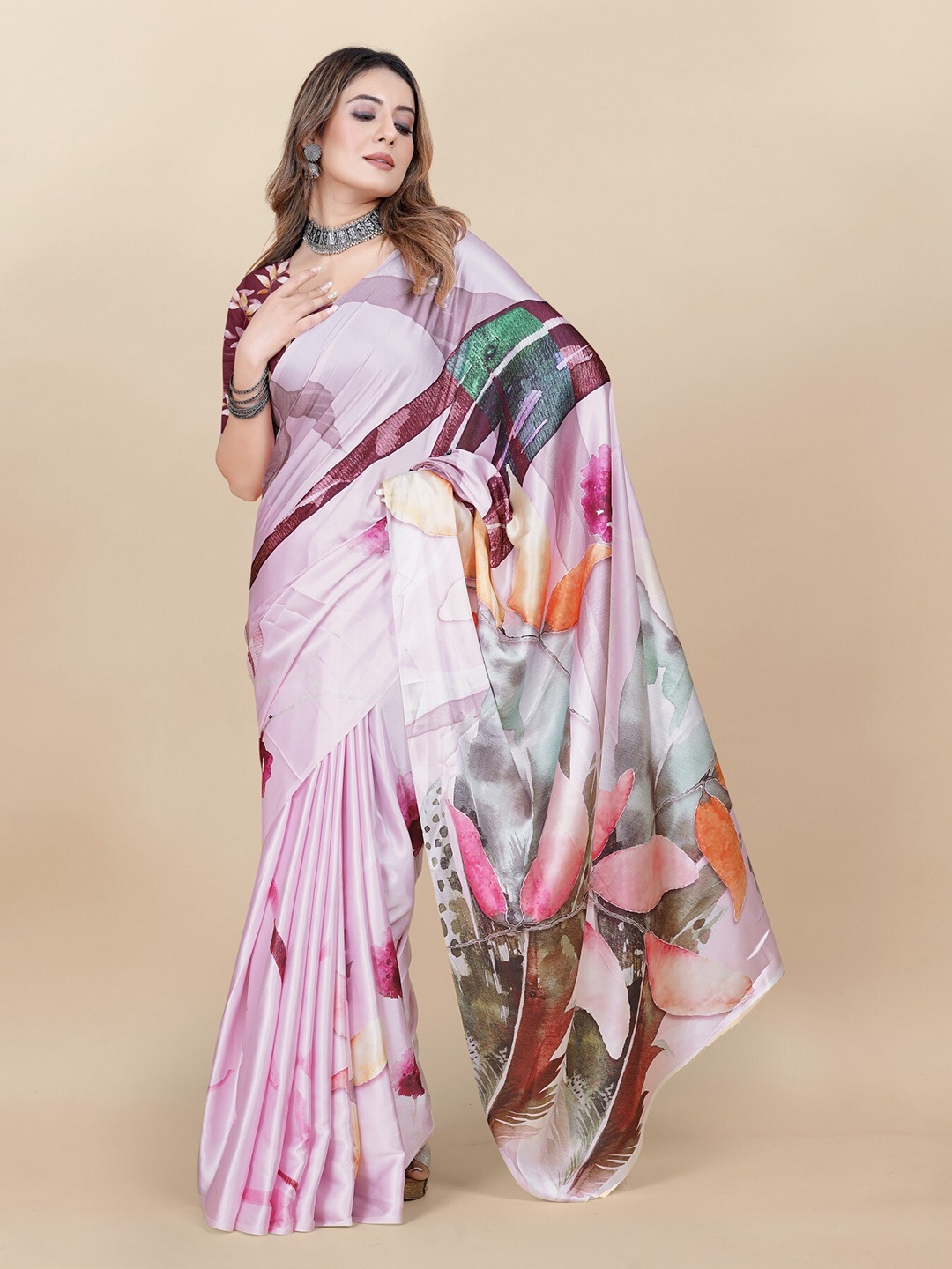 

Anouk Pink Floral Printed Satin Saree