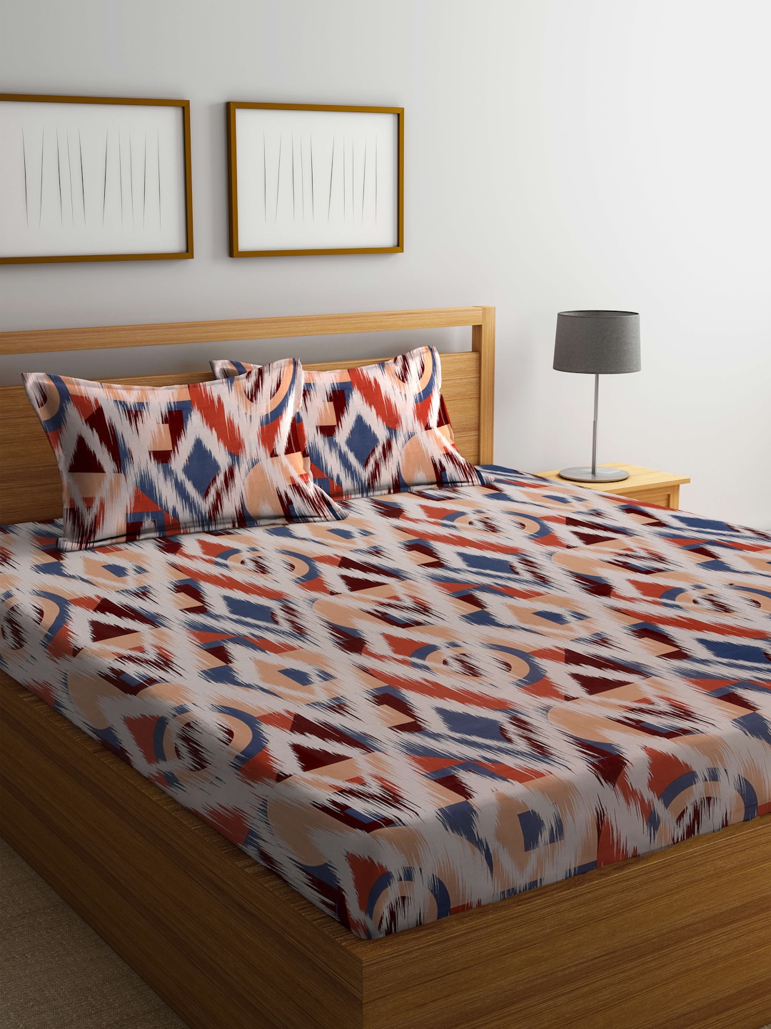 

BOMBAY DYEING Marigold Brown Geometric Cotton 104 TC Queen Bedsheet With 2 Pillow Covers