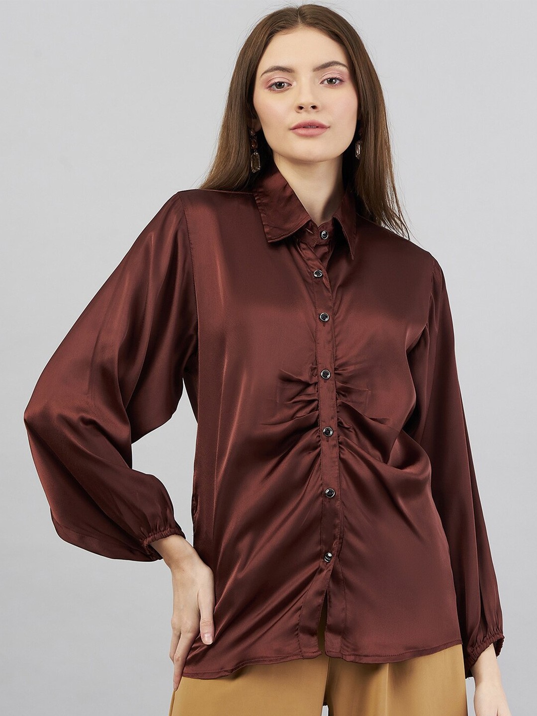 

Purple Feather Spread Collar Puff Sleeves Satin Casual Shirt, Maroon