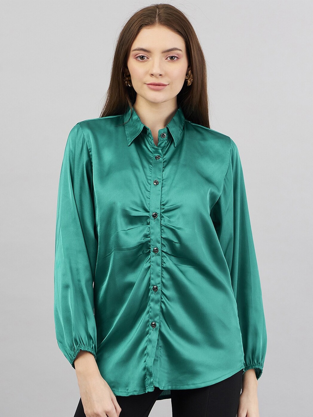 

Purple Feather Spread Collar Puff Sleeves Satin Casual Shirt, Green