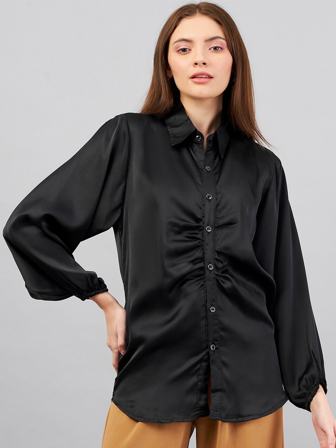 

Purple Feather Spread Collar Puff Sleeves Satin Casual Shirt, Black
