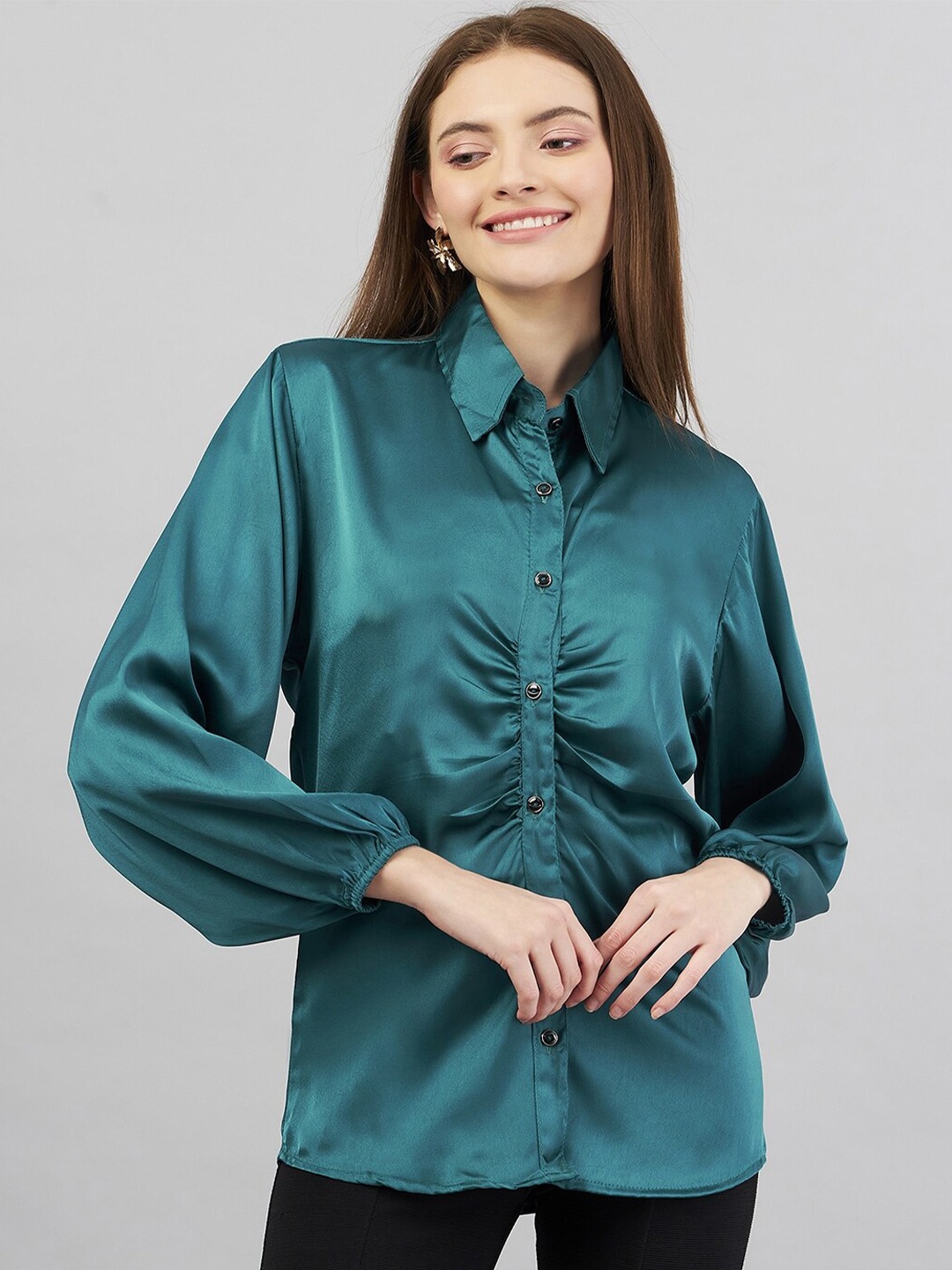

Purple Feather Spread Collar Puff Sleeves Satin Casual Shirt, Blue