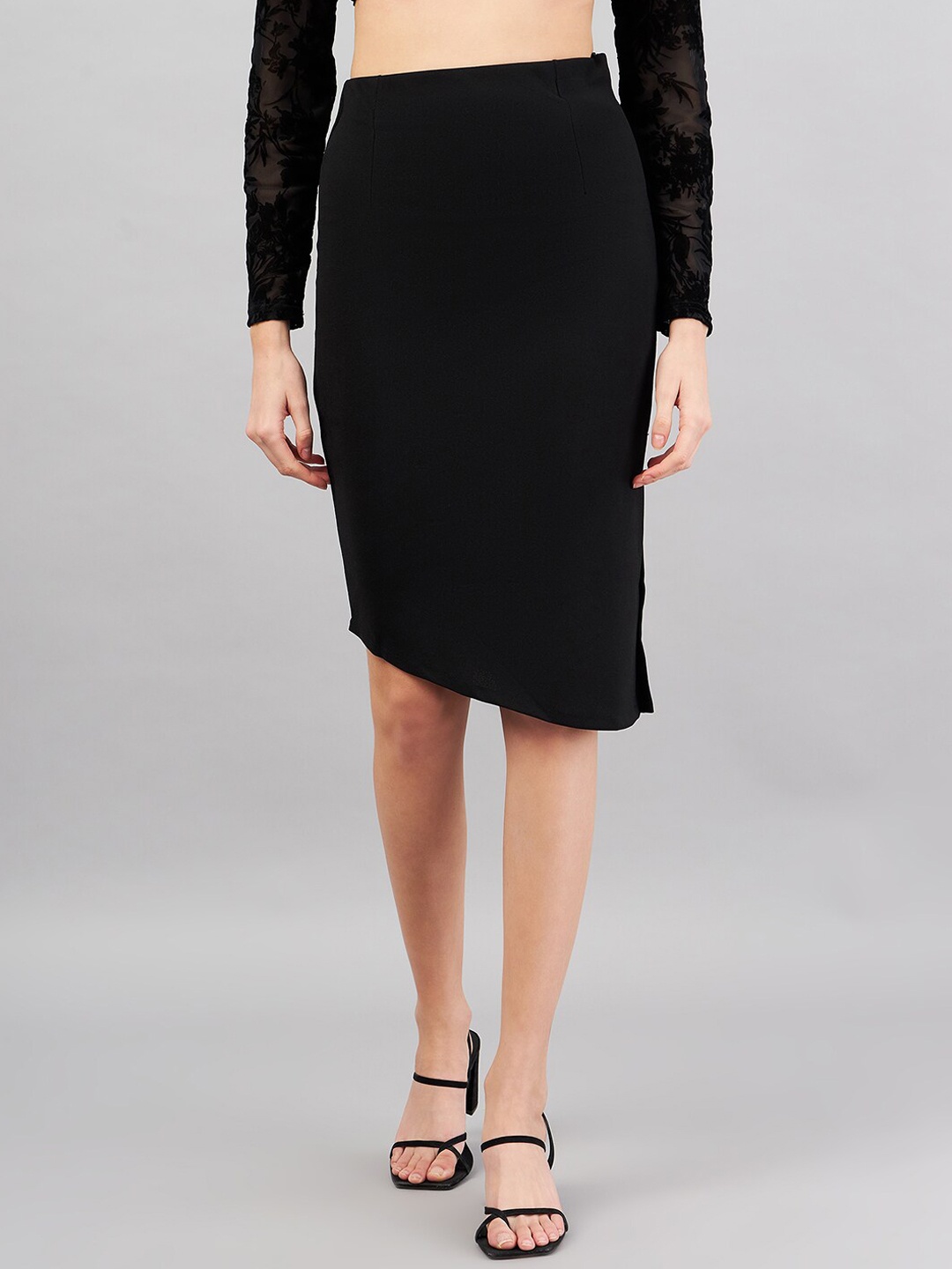 

Purple Feather Pencil Straight Asymmetrical Skirt, Black