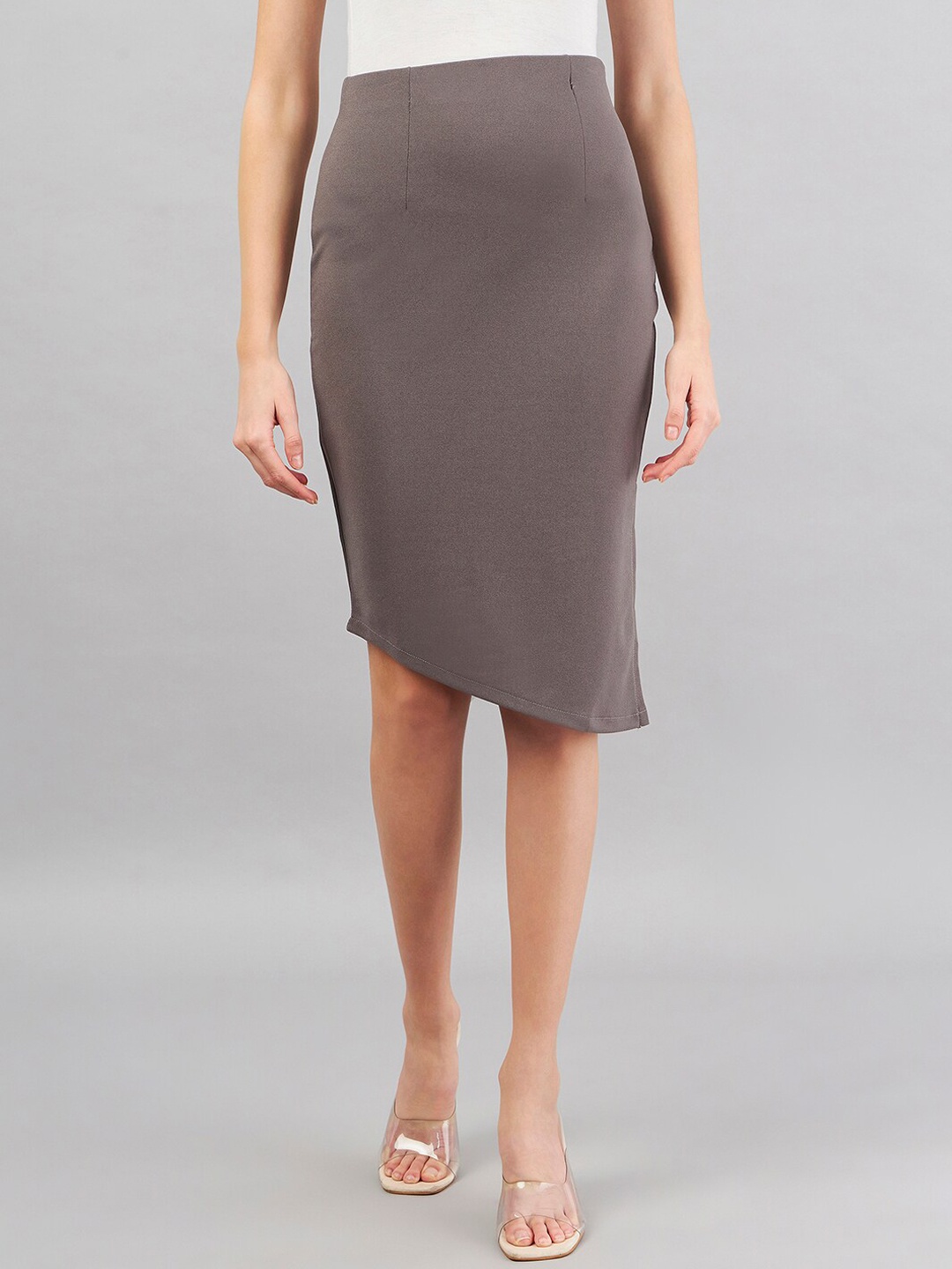 

Purple Feather Pencil Asymmetrical Side Slit Skirt, Grey