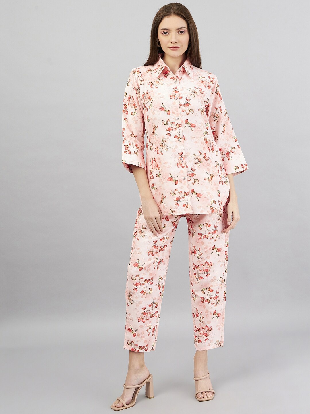 

Purple Feather Floral Printed Shirt Collar Shirt With Straight Trousers, Pink