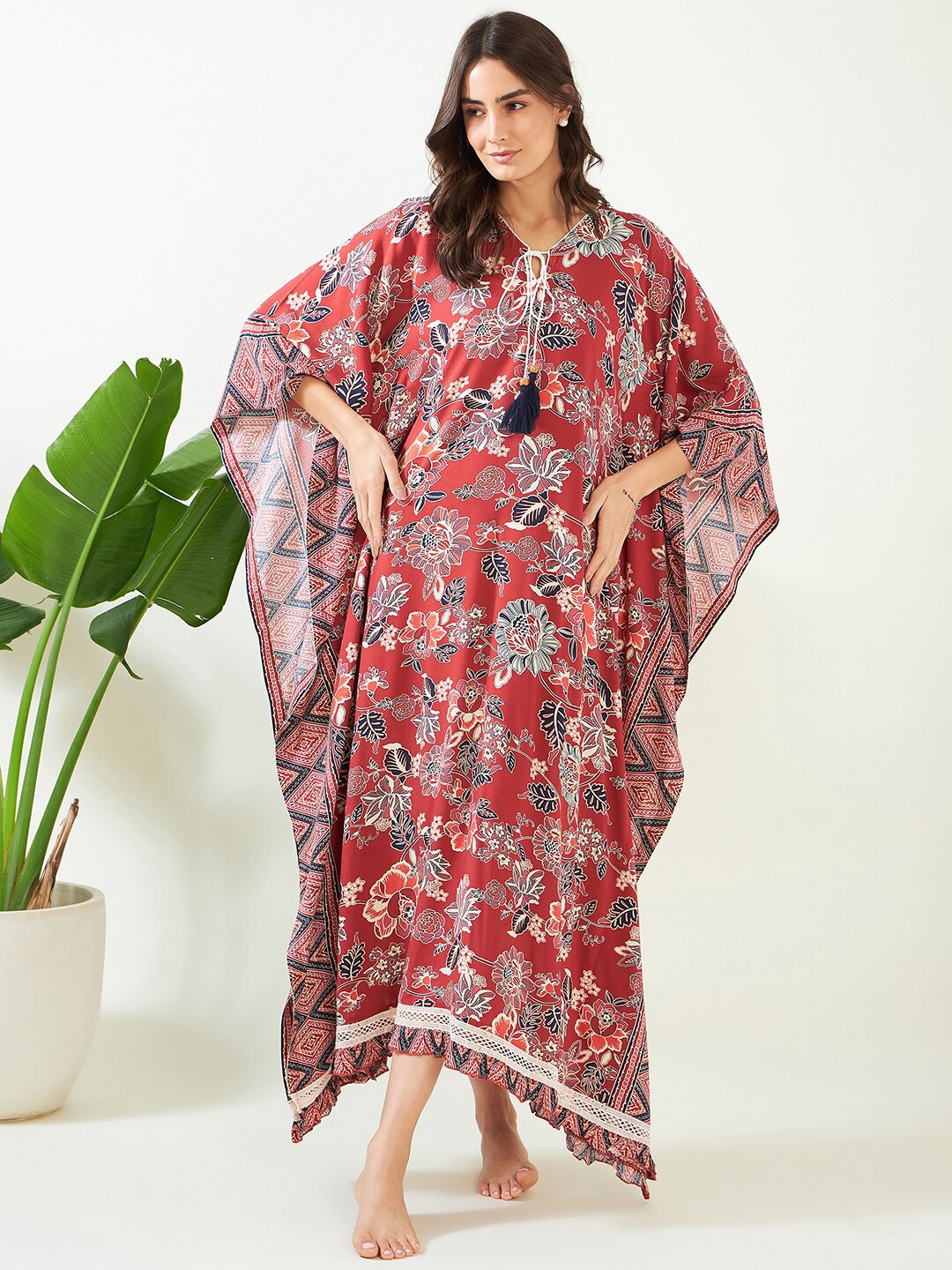 

The Kaftan Company Floral Printed Maxi Kaftan Nightdress, Red