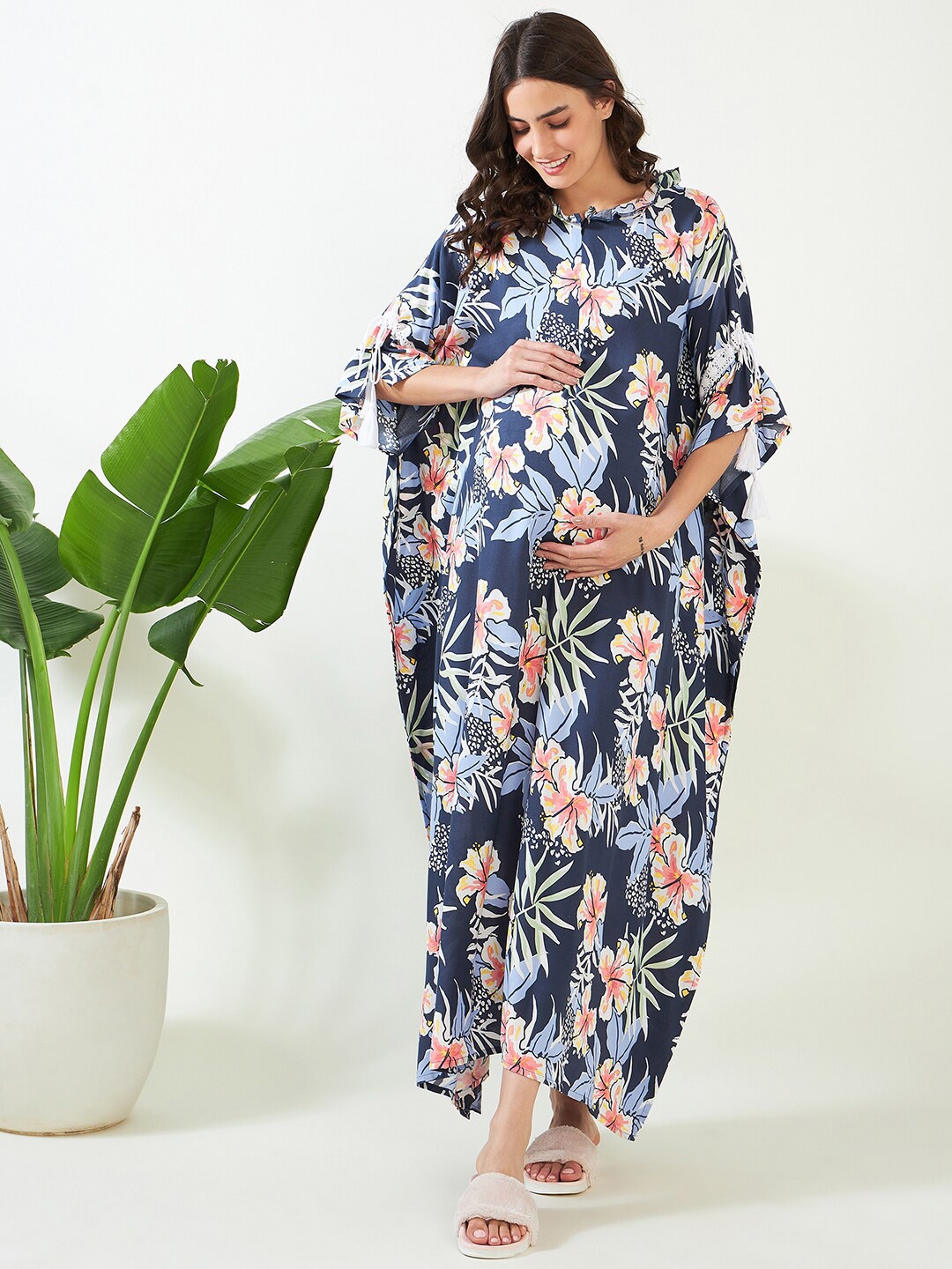 

The Kaftan Company Maternity Floral Printed Maxi Kaftan Nightdress, Navy blue
