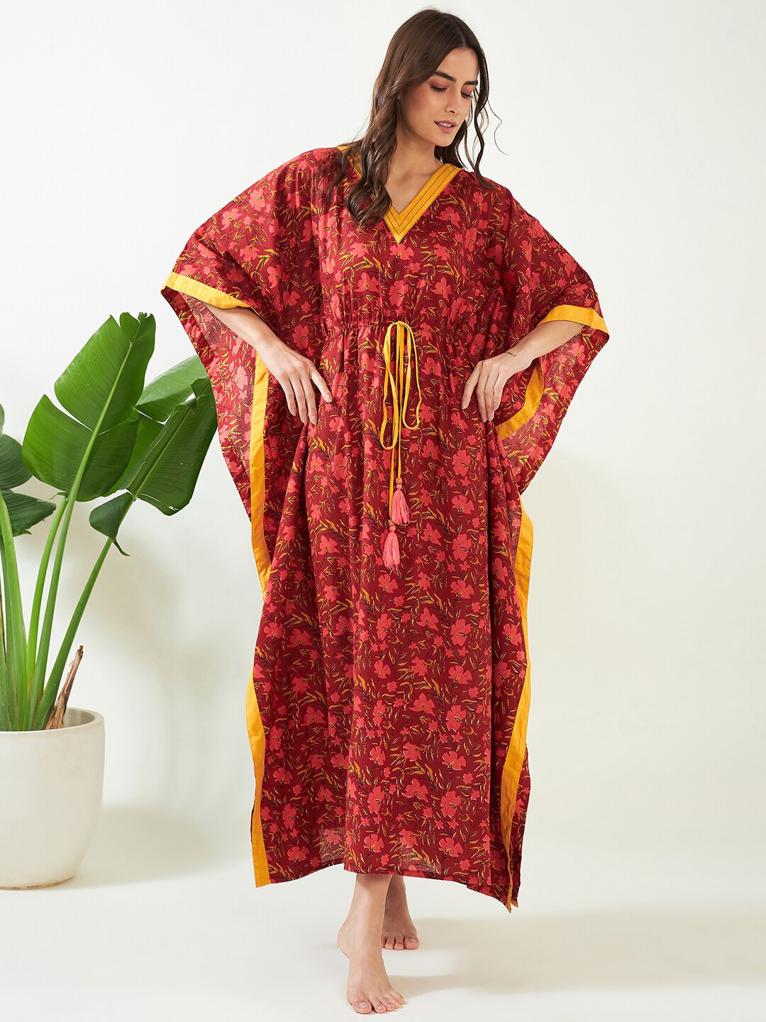 

The Kaftan Company Floral Printed Kaftan Maxi Nightdress, Red