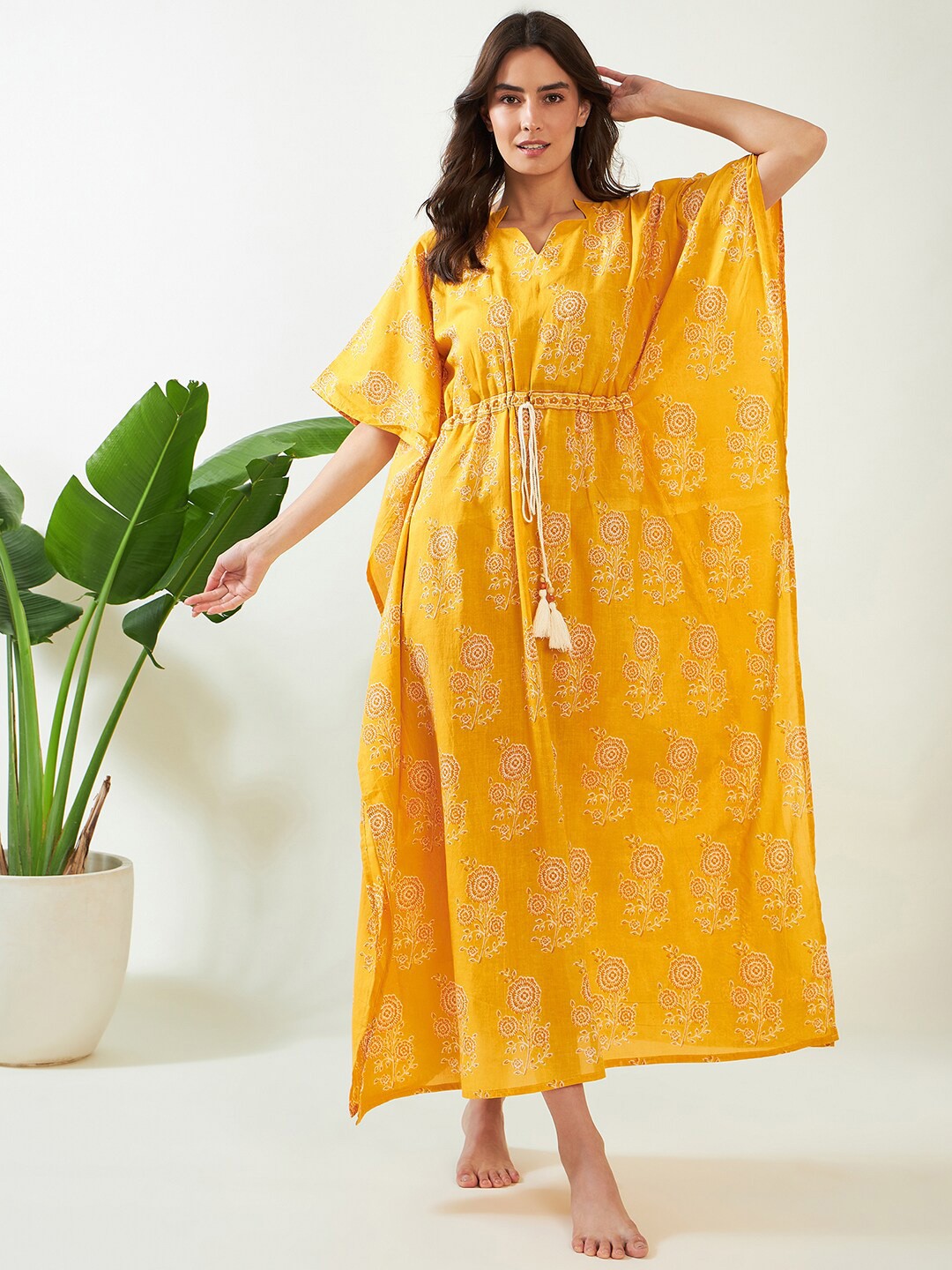 

The Kaftan Company Floral Printed V-Neck Cotton Kaftan Nightdress, Mustard