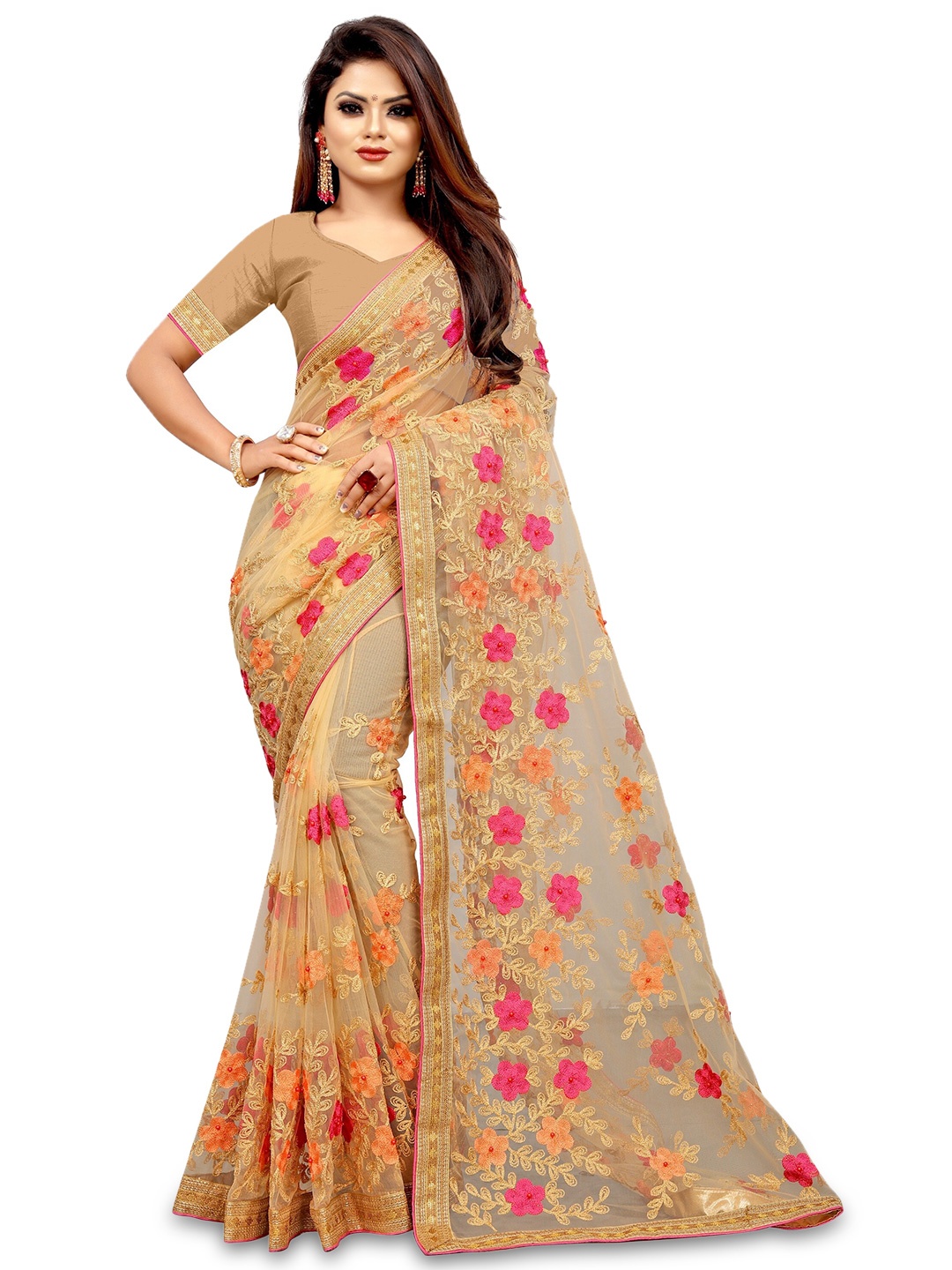 

BARKIYA CREATION Floral Embroidered Net Saree, Cream
