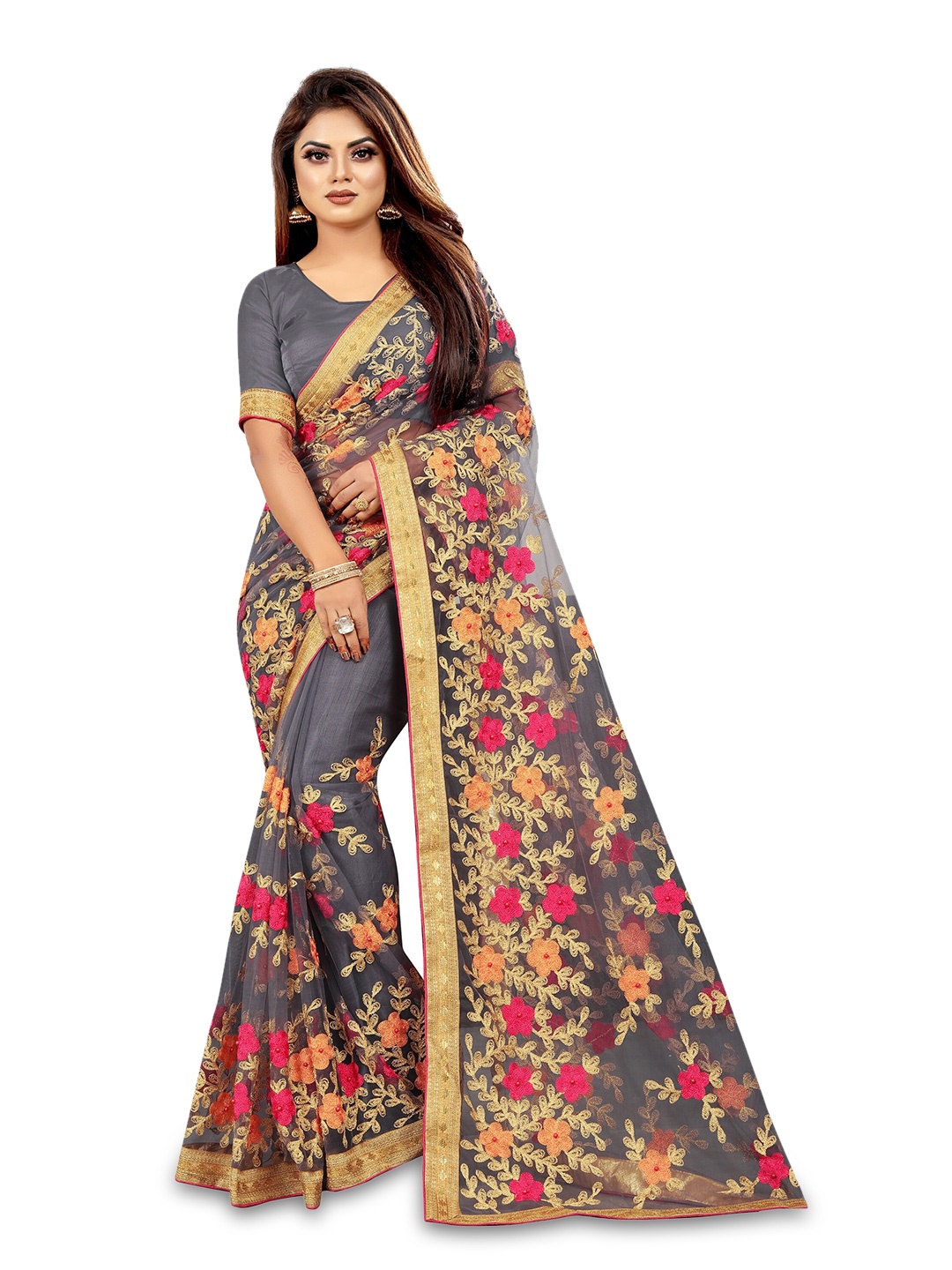 

BARKIYA CREATION Floral Embroidered Net Saree, Grey