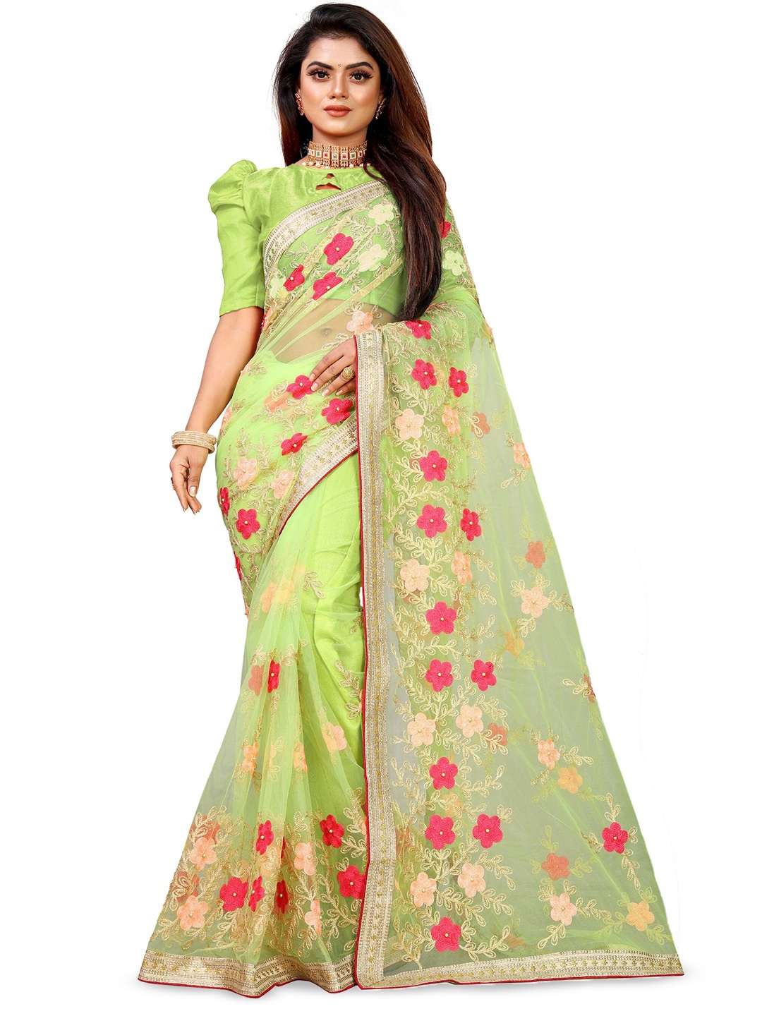 

BARKIYA CREATION Floral Embroidered Zari Net Saree, Lime green