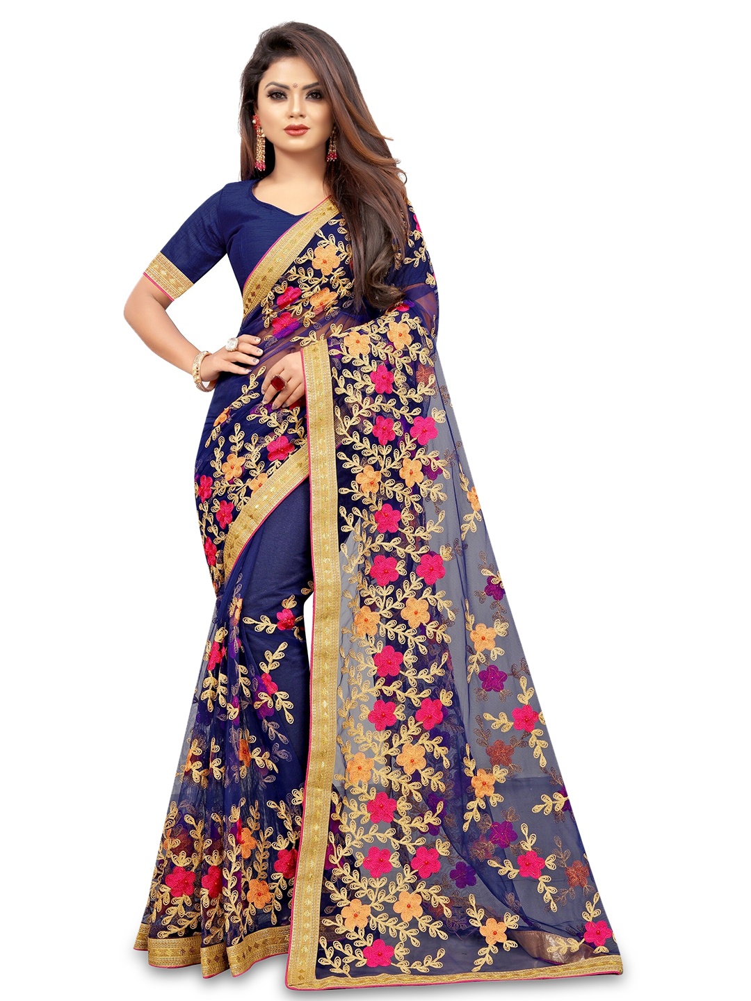 BARKIYA CREATION Floral Embroidered Net Saree, Navy blue