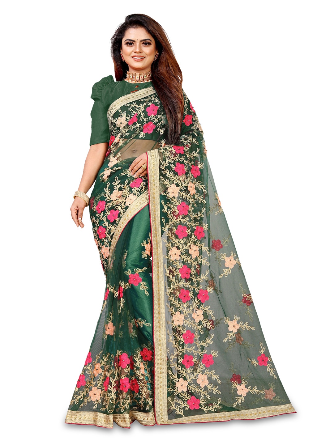 

BARKIYA CREATION Floral Embroidered Net Saree, Green
