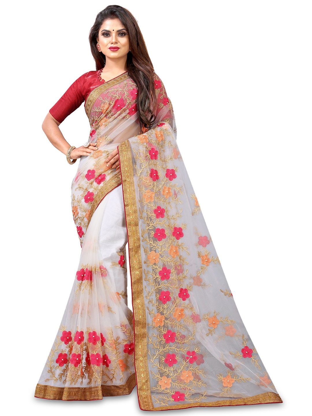 

BARKIYA CREATION Floral Embroidered Net Saree, White