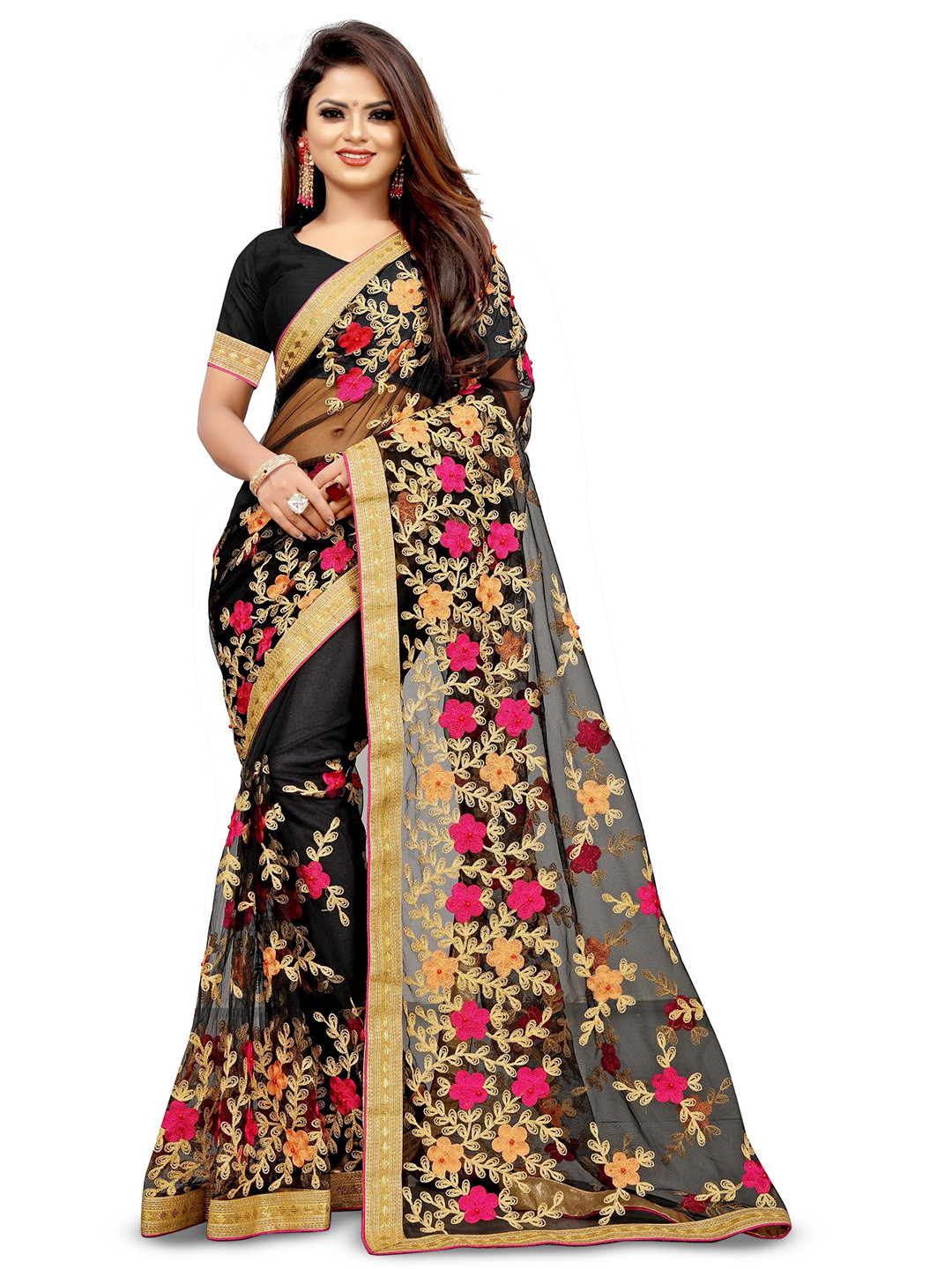 

BARKIYA CREATION Floral Embroidered Net Saree, Black