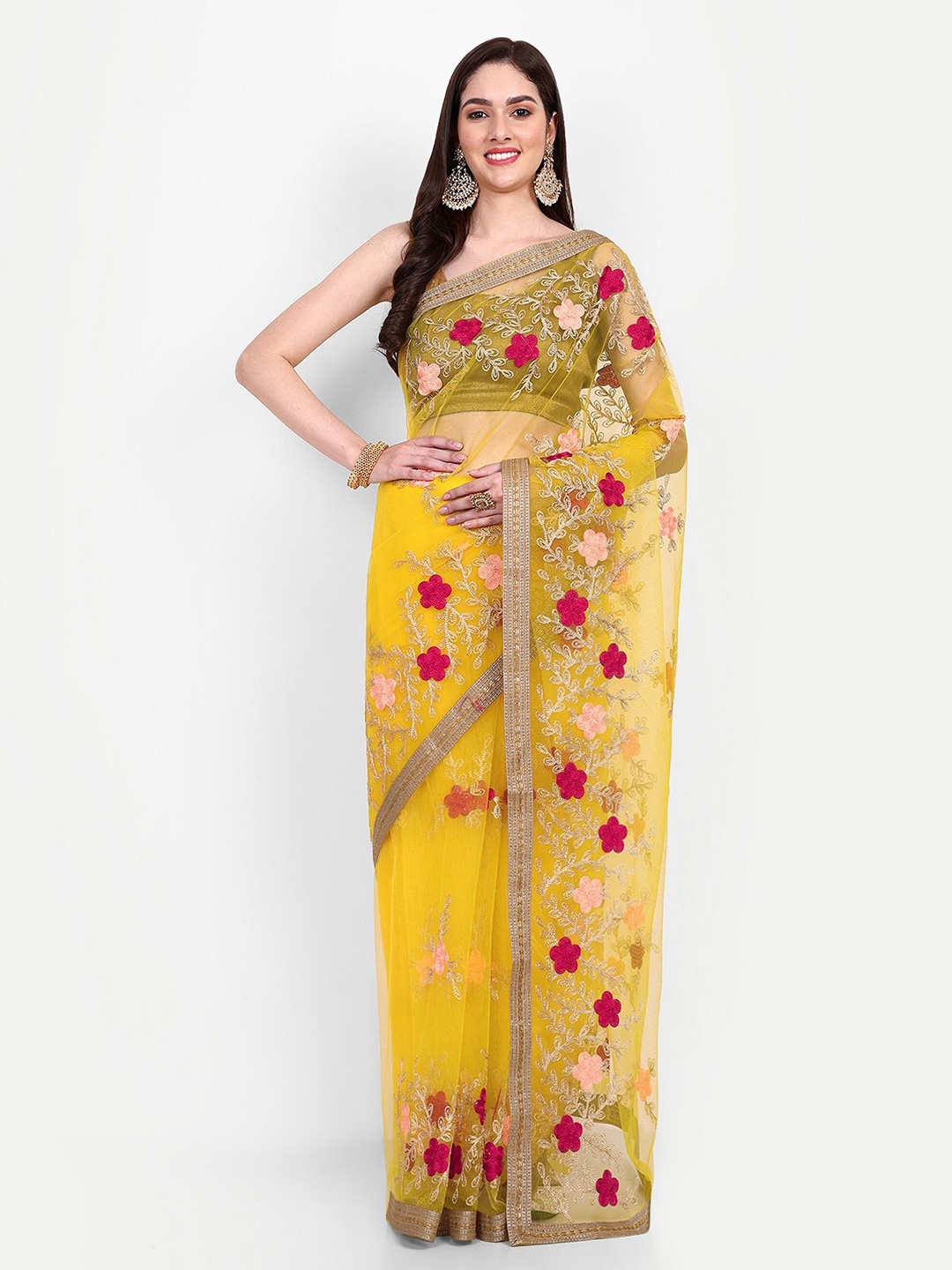 

BARKIYA CREATION Floral Embroidered Net Saree, Yellow