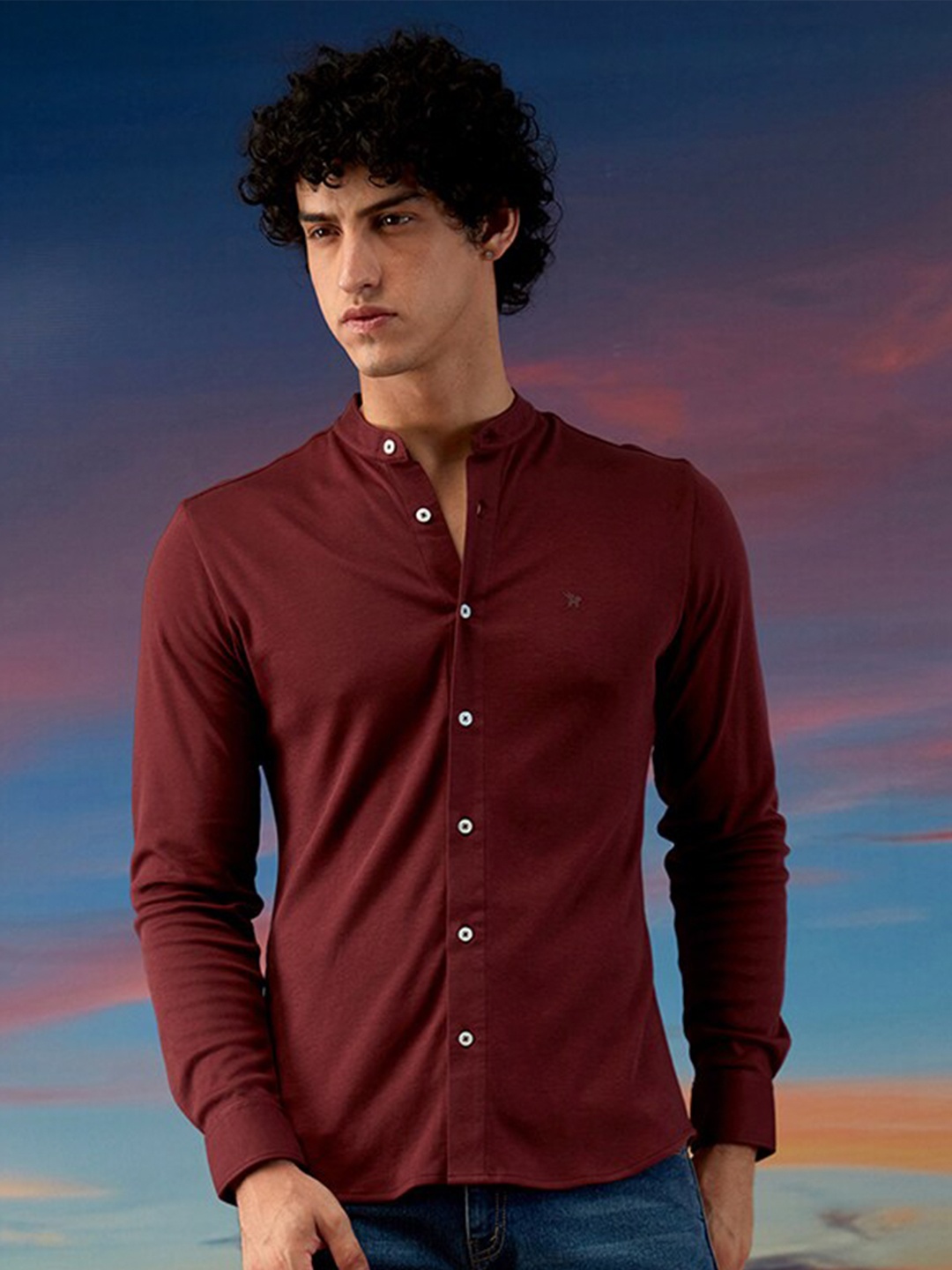 Markle Moro Slim Fit Band Collar Cotton Casual Shirt, Maroon