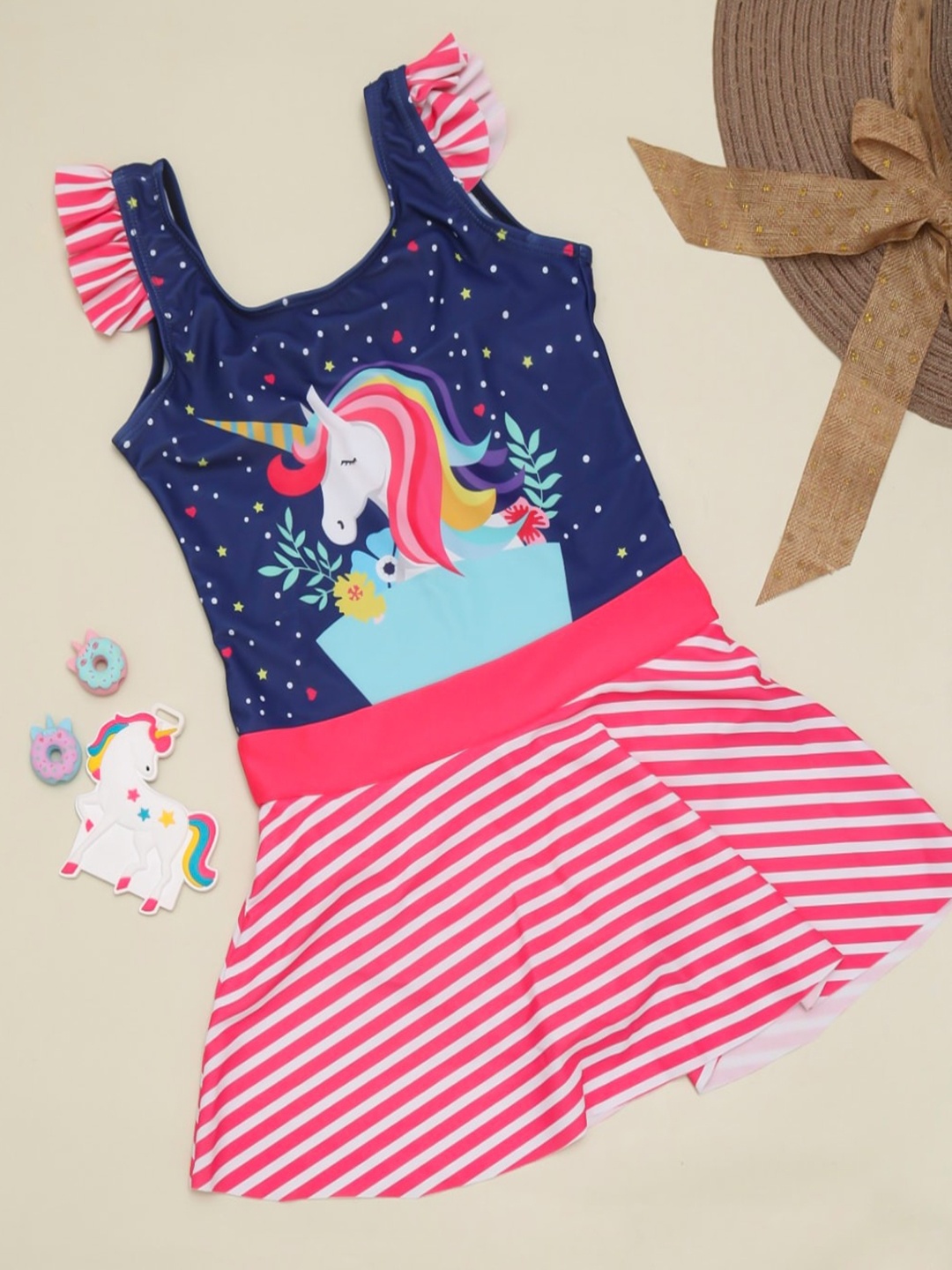 

Yellow Bee Girls Printed Swimming Dress, Navy blue