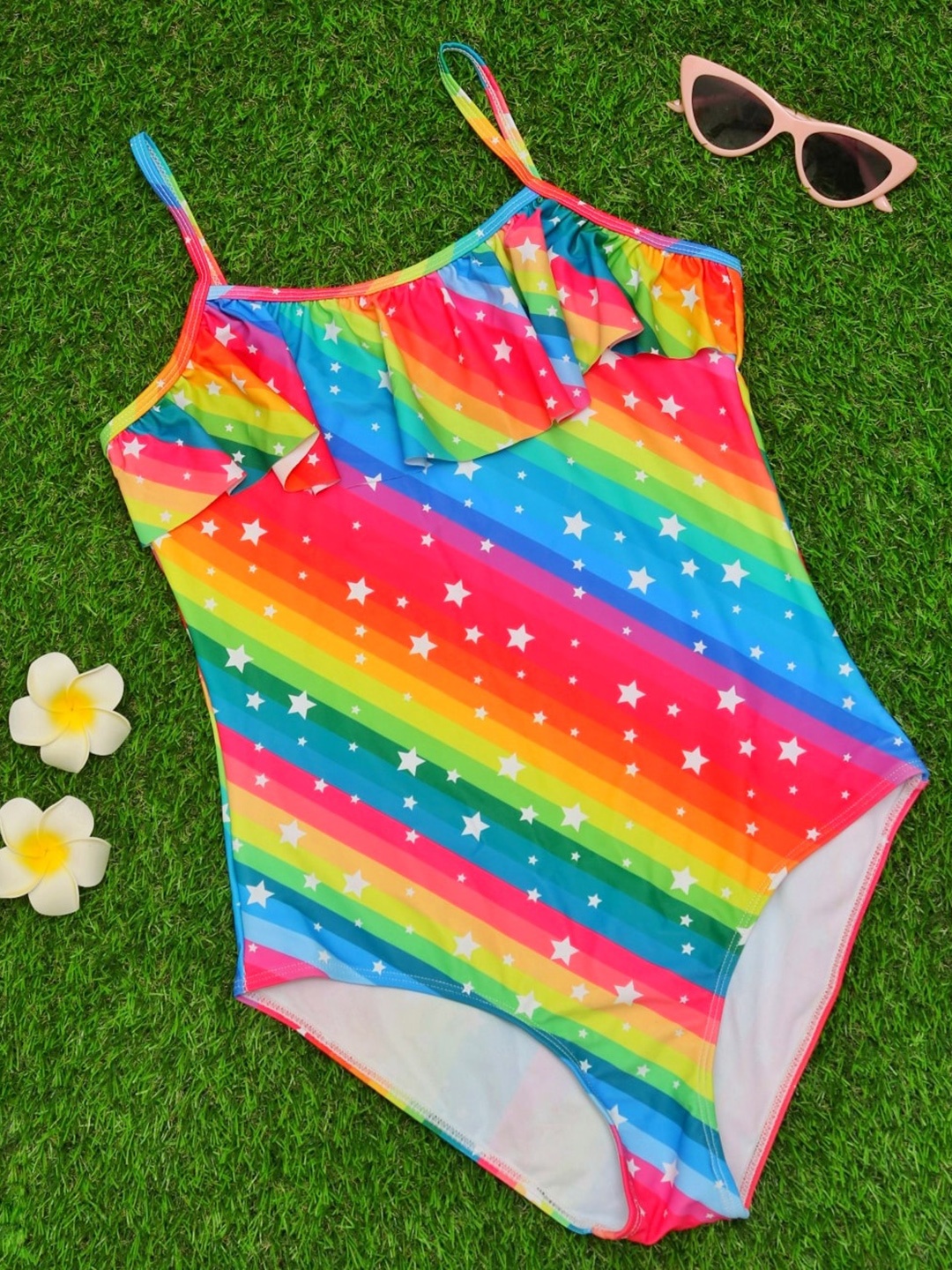 

Yellow Bee Girls Printed Swimsuit, Red