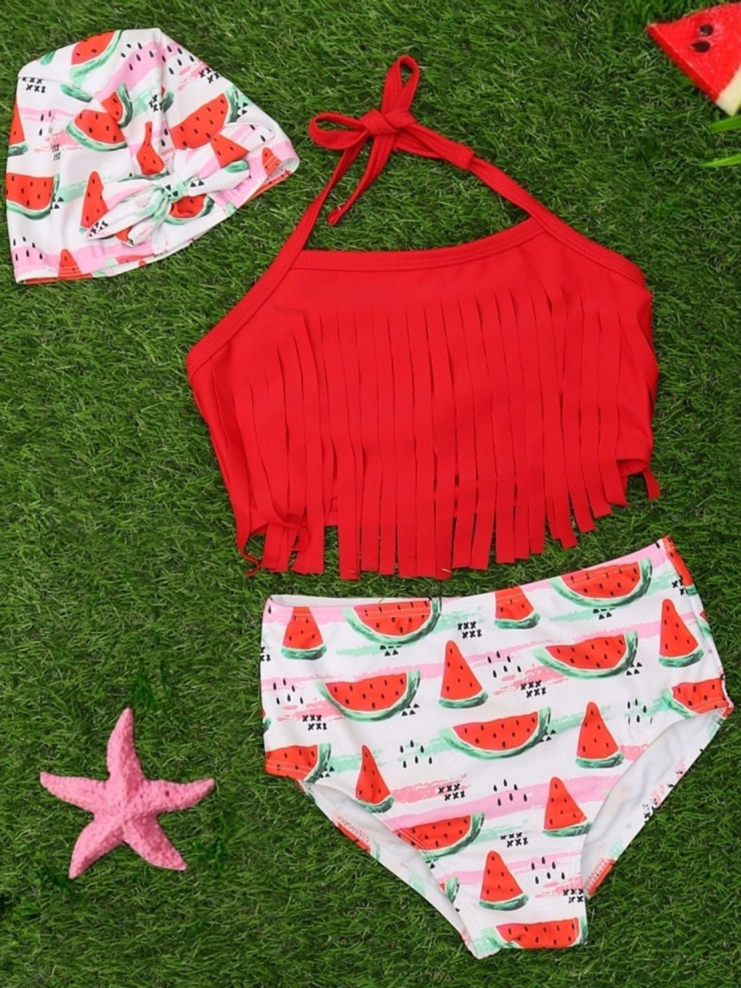 

Yellow Bee Girls Printed Tankini with Cap, Red