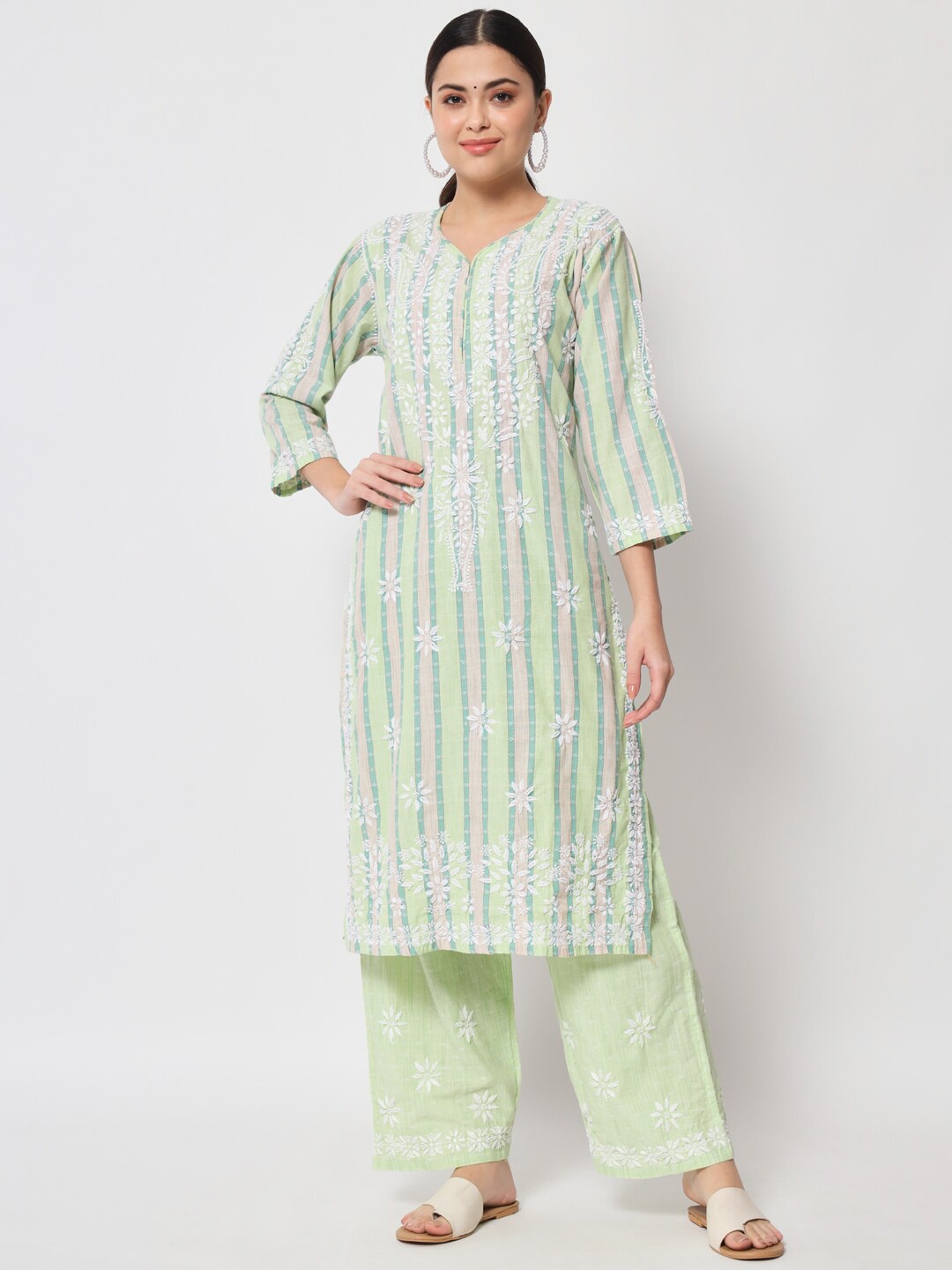 

Ethnava Floral Embroidered Thread Work Detailed Pure Cotton Straight Kurta With Trousers, Lime green