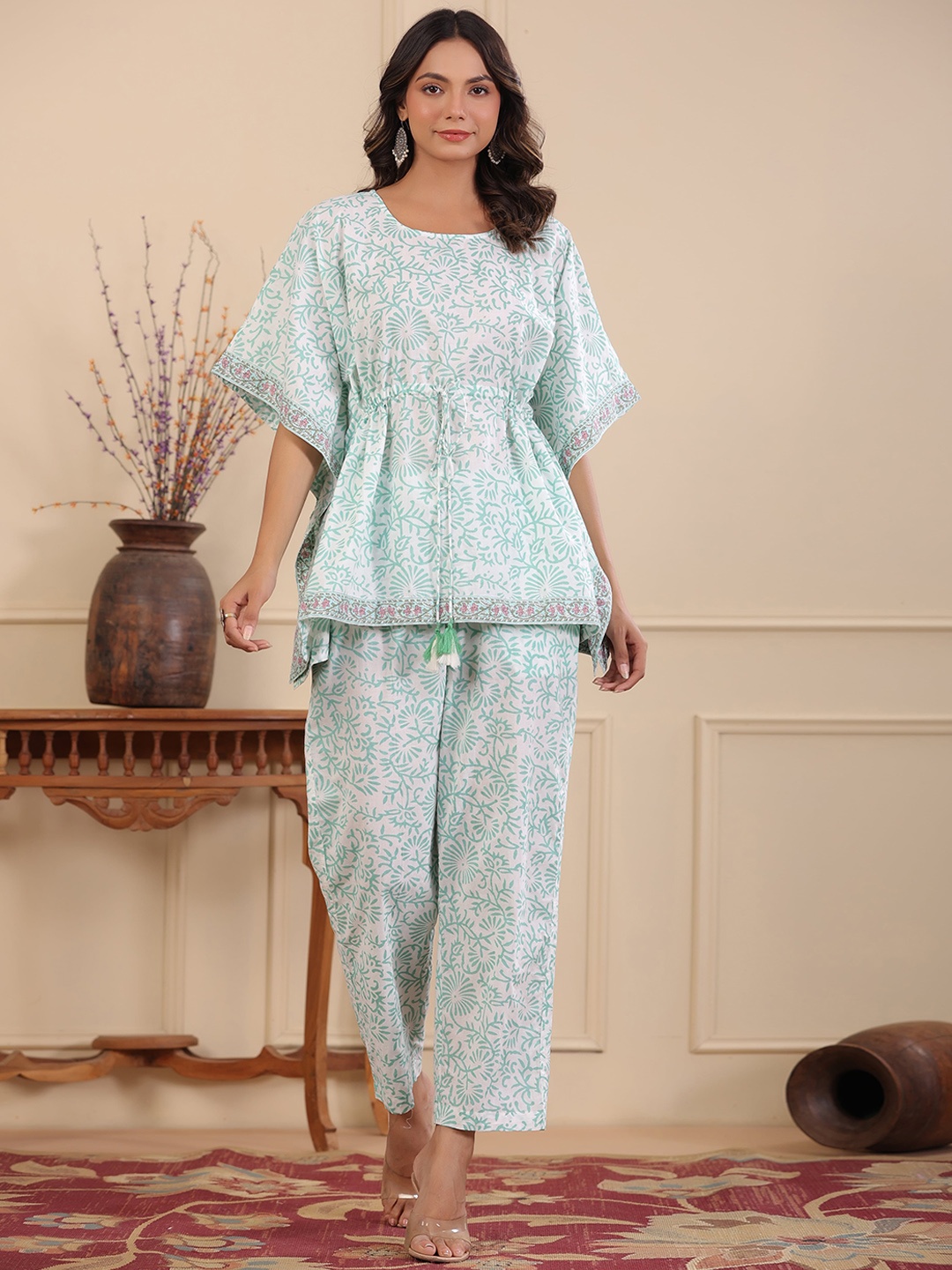 

Rain & Rainbow Floral Printed Pure Cotton Kaftan Top With Trousers, Sea green