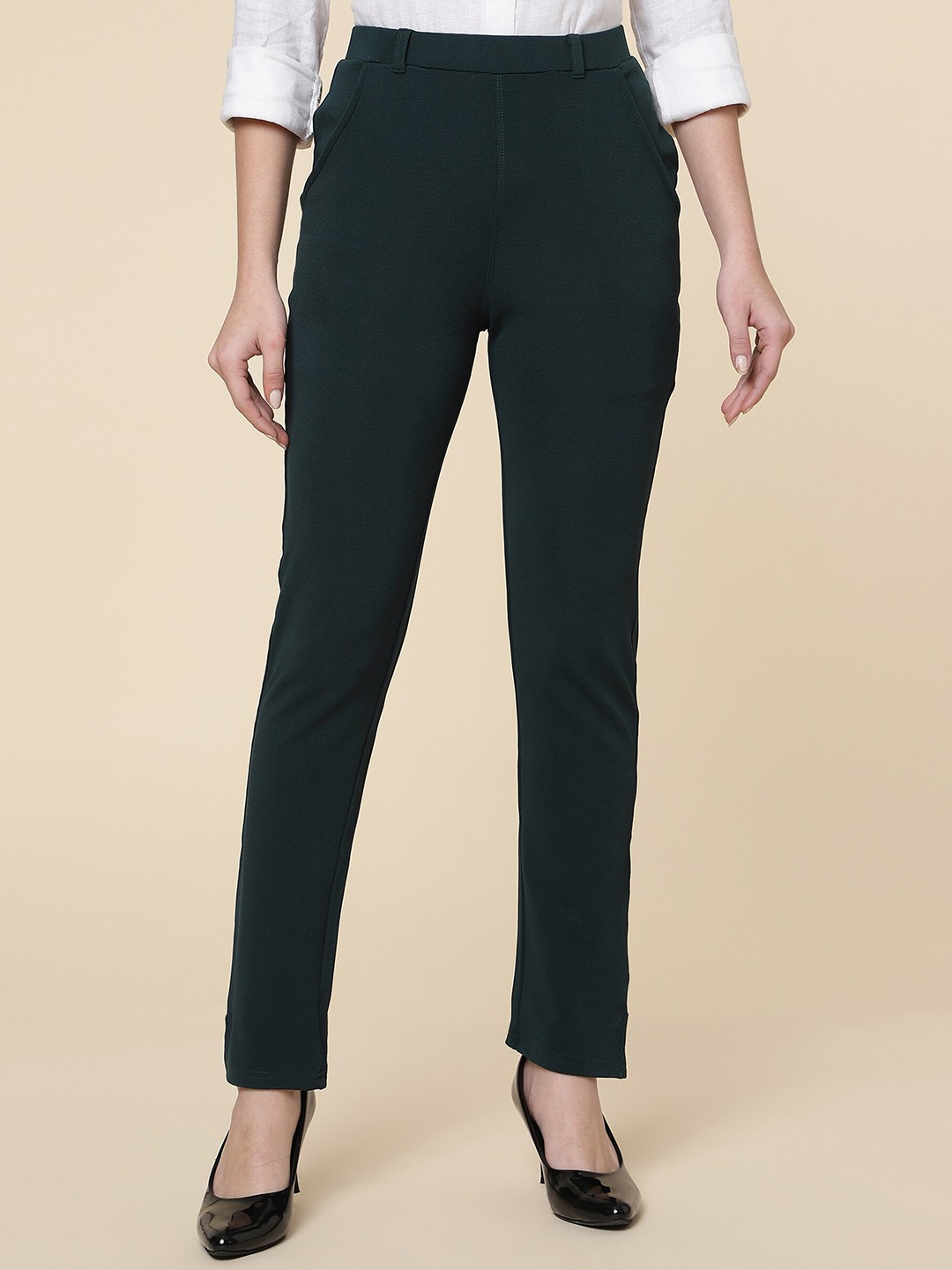 

FITHUB Women Relaxed Straight Leg Fit High-Rise Easy Wash Formal Trousers, Green