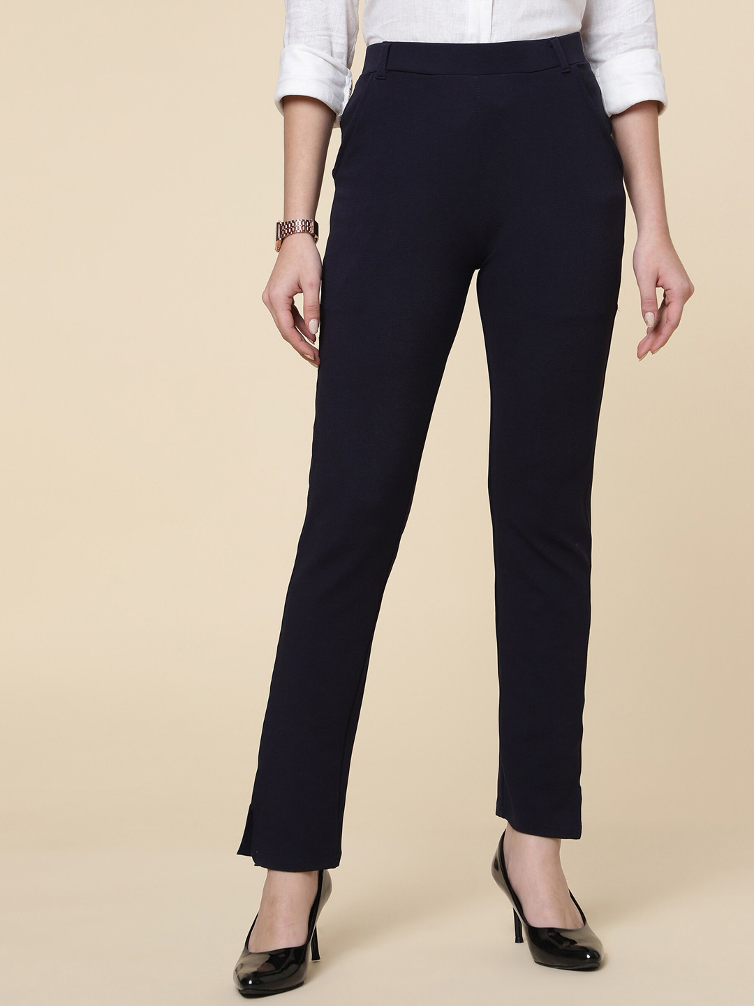 

FITHUB Women Straight Fit High-Rise Cotton Trousers, Navy blue